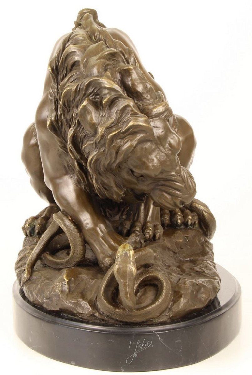 Skulptur Schlange mit Bronzefigur / Dekofigur Luxus Gold x Luxus 35 Bronze 41 H. Bronze Padrino Casa auf Löwe - Schwarz / cm Marmorsockel