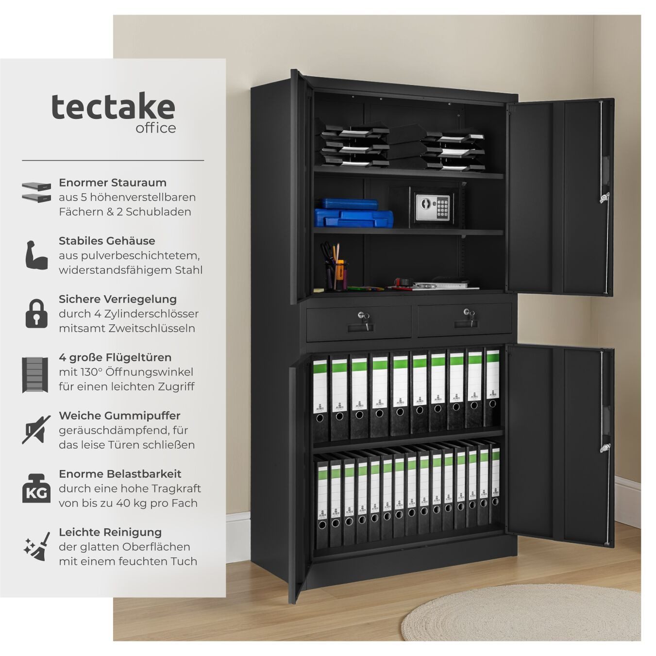 tectake Aktenschrank Büroschrank Cosmo mit 2 Schubfächern 40x80x180cm (Komplettset, 1-St., inkl. 8 Schlüssel) aus pulverbeschichtetem Stahl