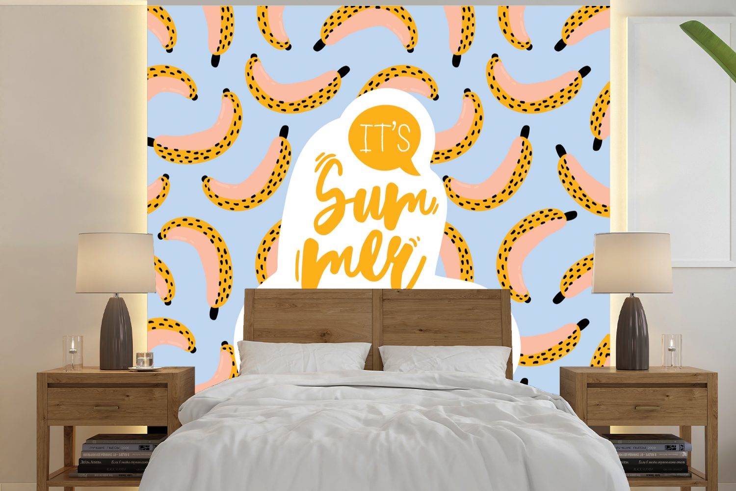 MuchoWow Fototapete Sommer - Banane - Gelb, Matt, bedruckt, (5 St), Vinyl Tapete für Wohnzimmer oder Schlafzimmer, Wandtapete