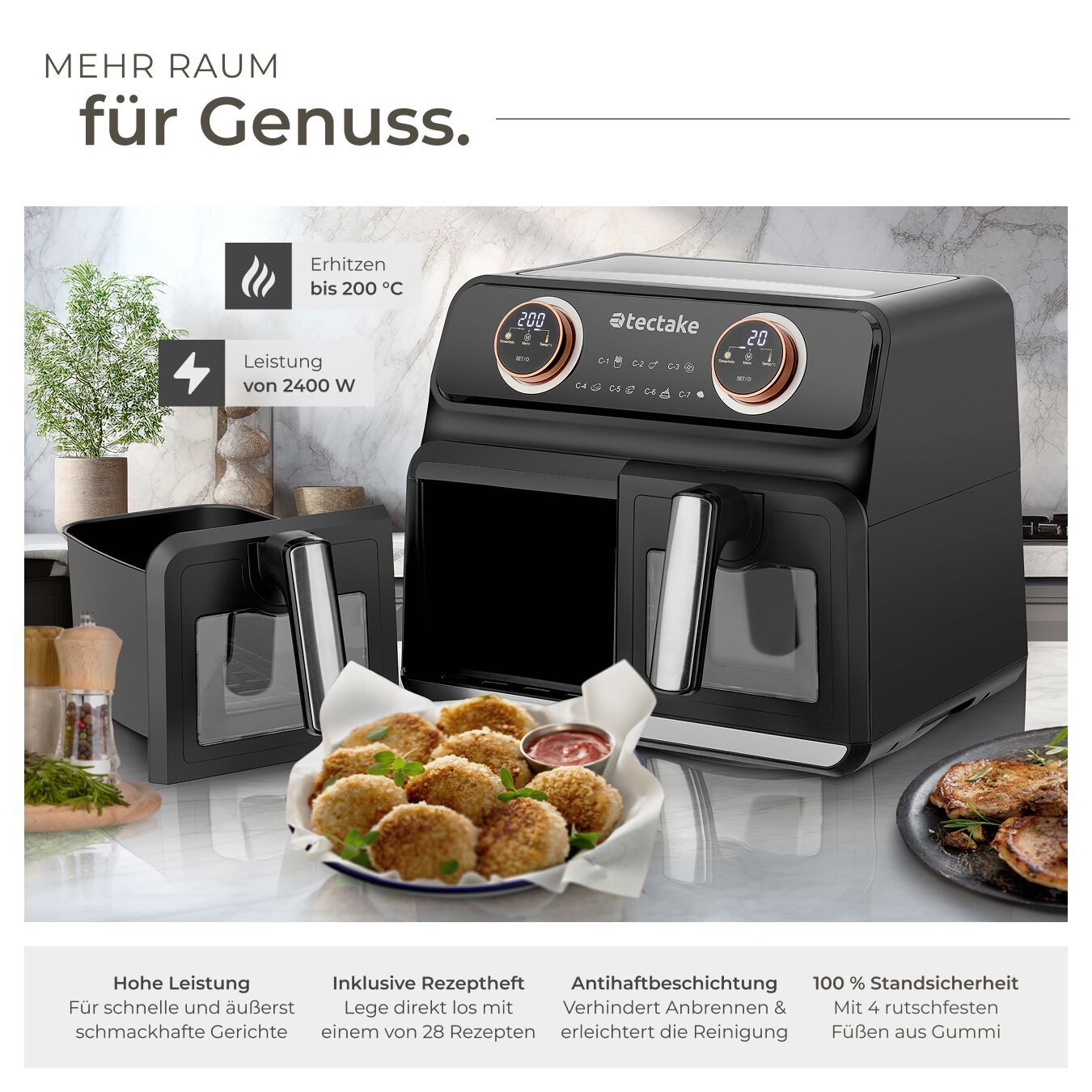 tectake Heißluftfritteuse, 2400 W, 2 Garräume, je 4 l, 2400 W, antihaftbeschichtet, inklusive Rezeptheft