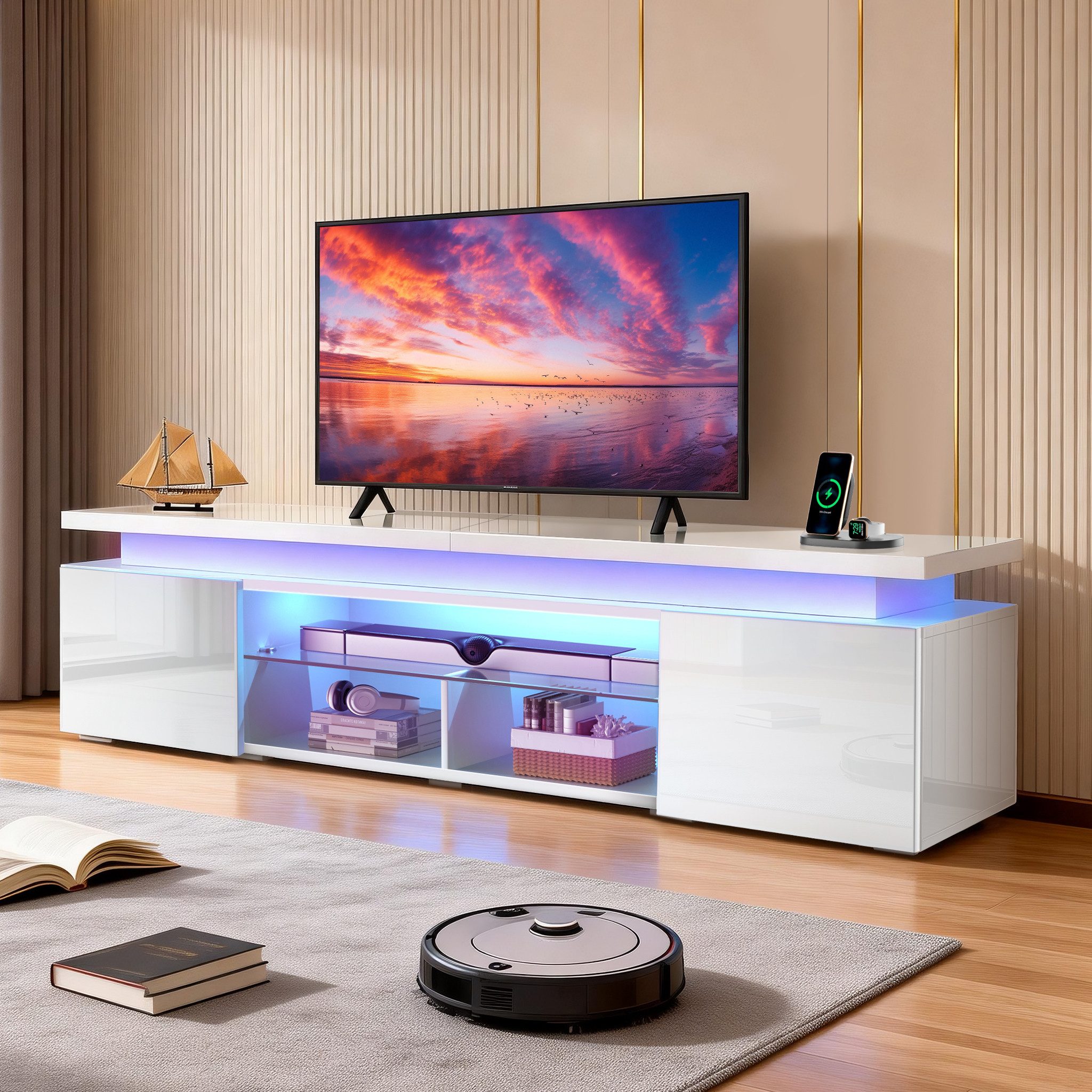 oyajia Lowboard TV-Schrank, Fernsehschrank mit RGB-LED und Steckdosen (für Fernseher bis 75 Zoll), TV-Schrank mit Mit 2 Türen, Regalen und viel Stauraum, 185x35x49cm