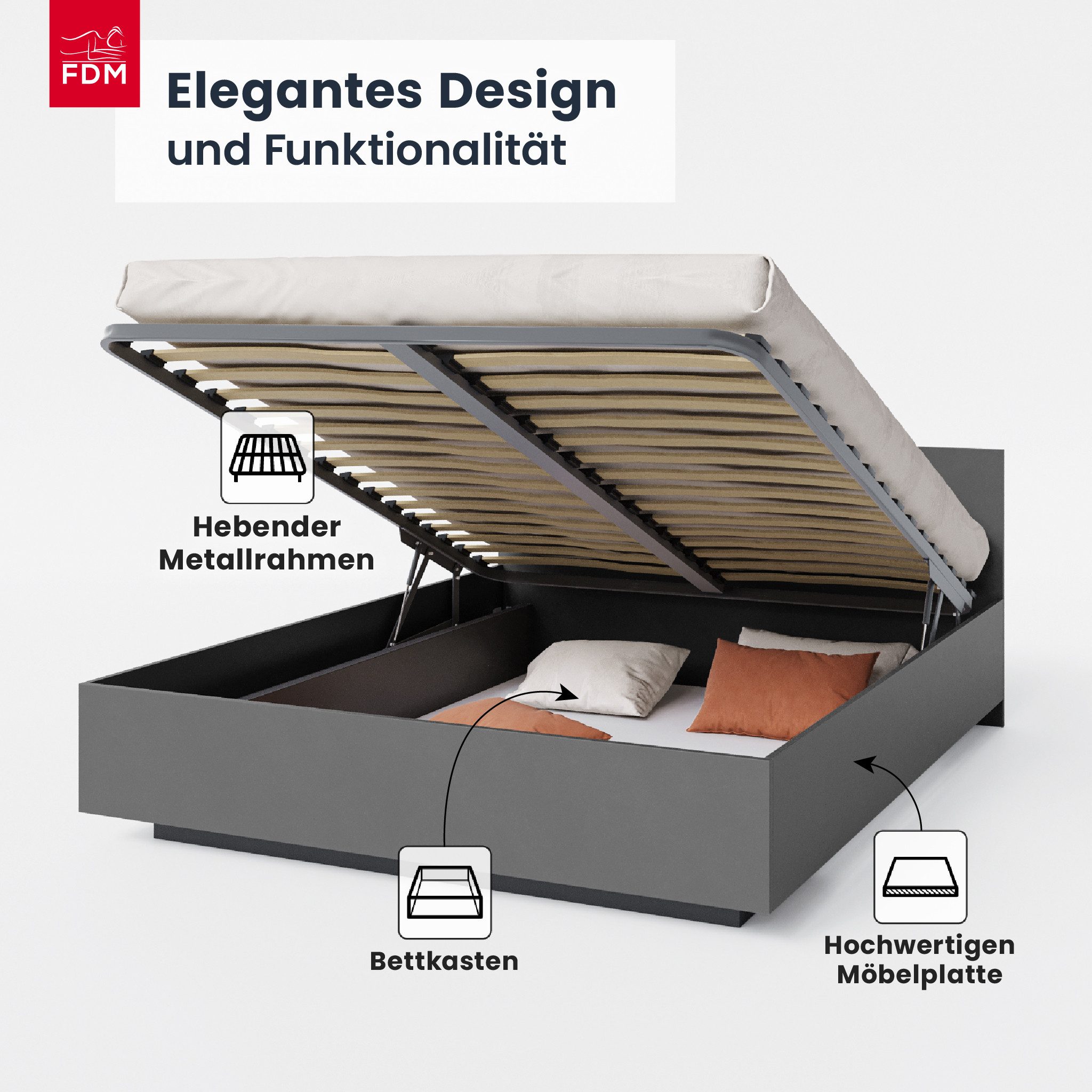 FDM Stauraumbett Bett Stauraumbett PERU Bettgestell 90x200, 140x200 & weitere Größen (verfügbar 90x200 120x200 140x200 160x200 180x200cm, Bettrahmen, Bett, mit großen Kopfteil, mit Bettkasten zum aufklappen), mit/ohne Matratze