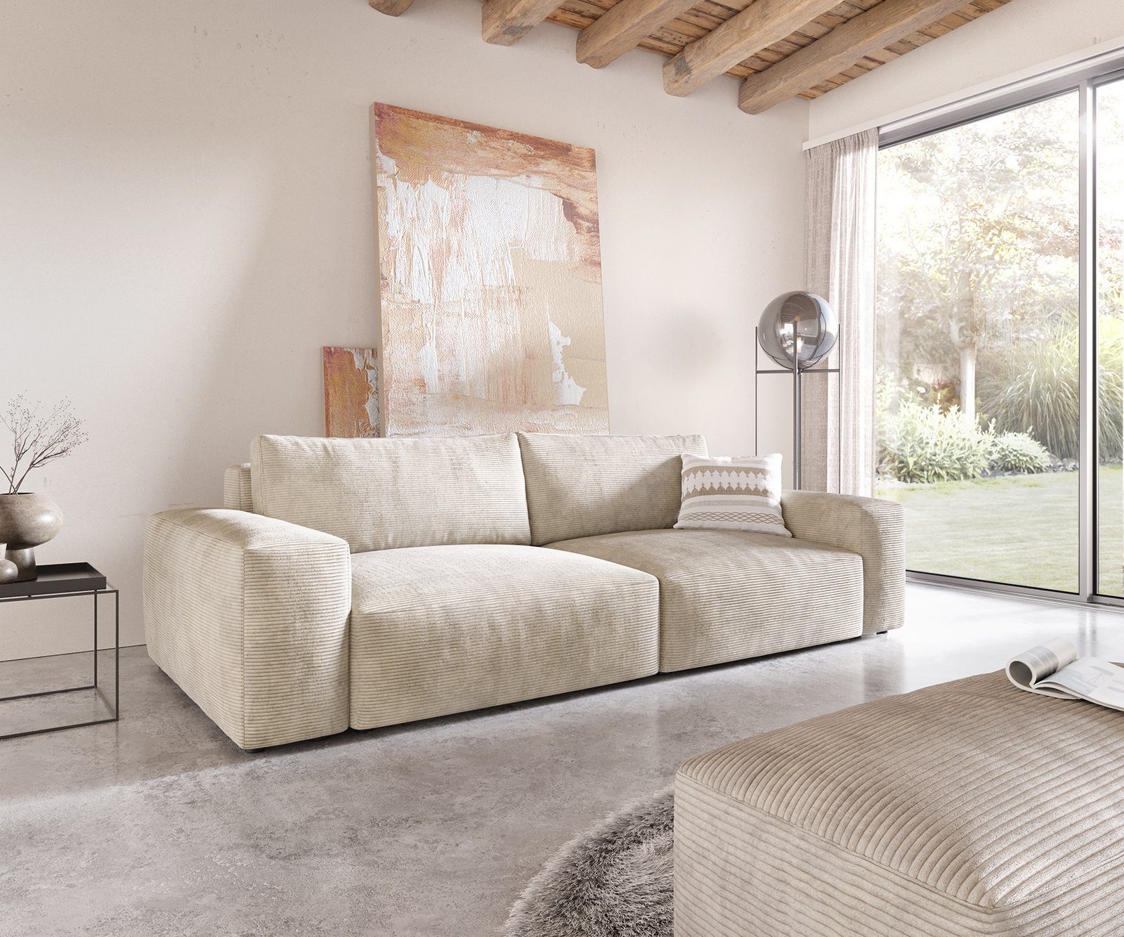 DELIFE Big-Sofa Lanzo, XL Cord Beige 270x130 cm mit Hocker günstig online kaufen