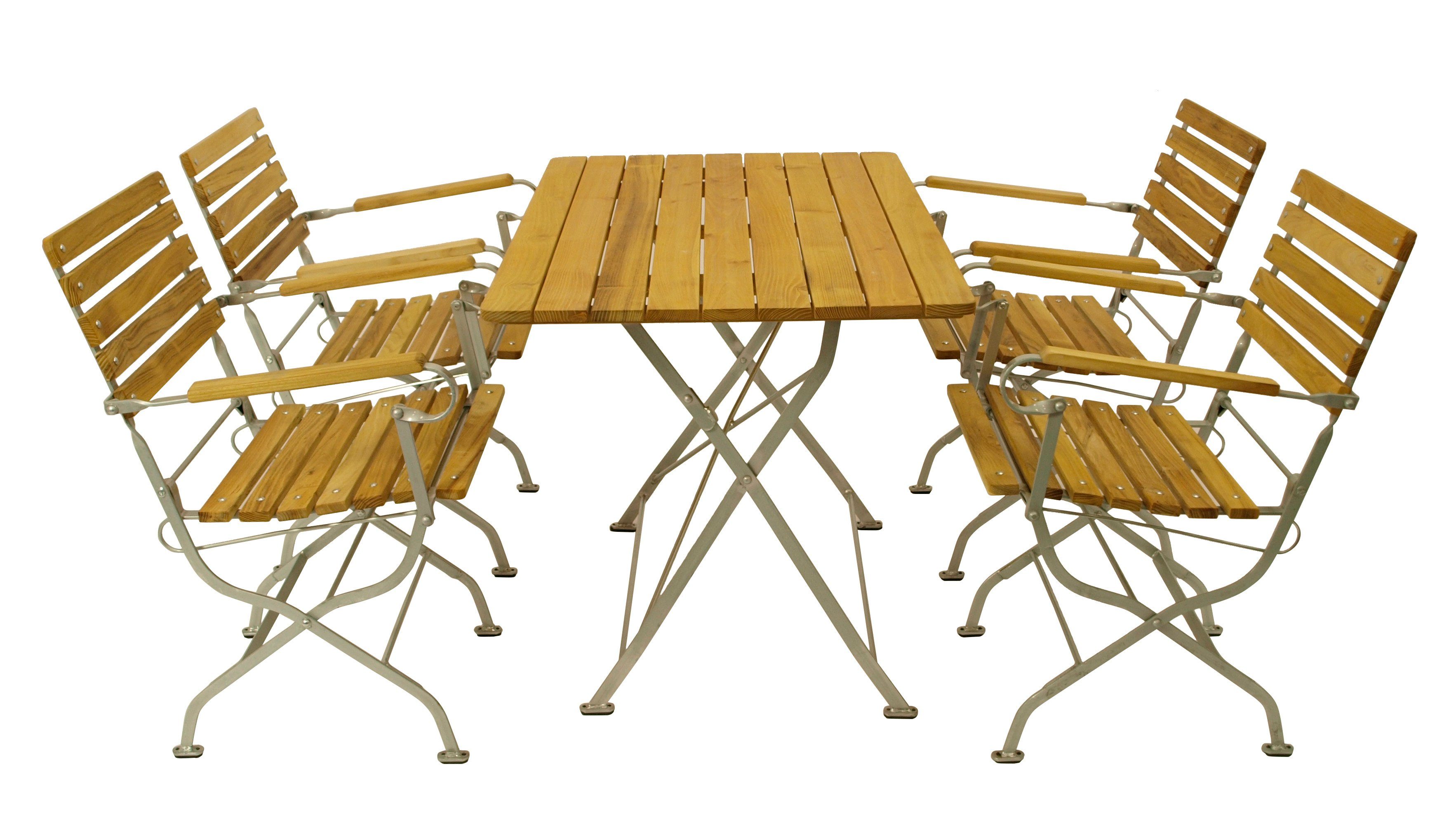 DEGAMO Garten-Essgruppe PASSAU, (5-tlg), (4x Sessel, 1x Tisch 70x110cm), Gestell verzinkt + Robinie, klappbar