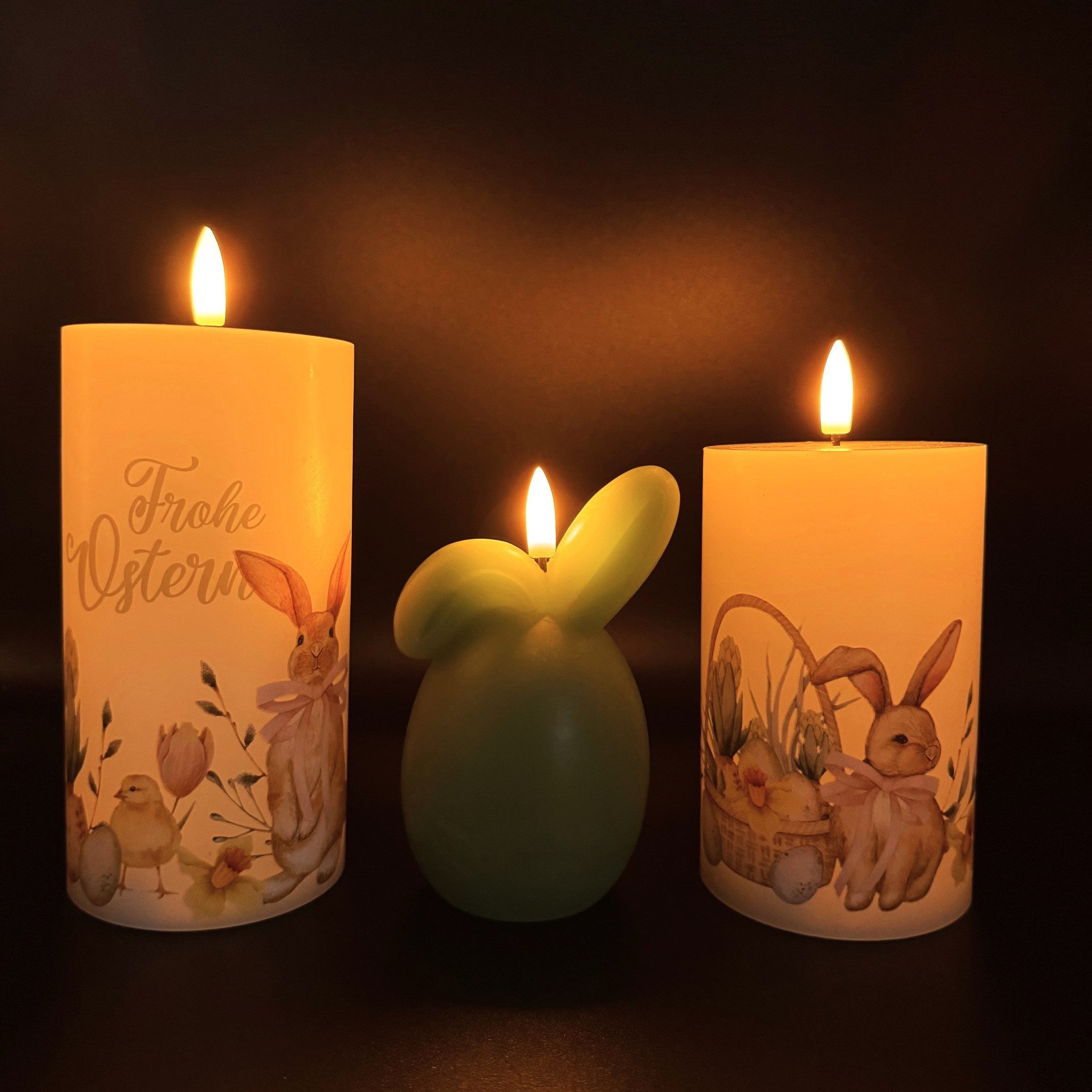 Online-Fuchs LED-Kerze - 3 Декоративные светильники "Frohe Ostern" mit Timer - Frühlings- & Osterdeko (süßes Osterhasen Motiv, realistische Свечиflamme), inklusive praktischer 6-Stunden Timerfunktion