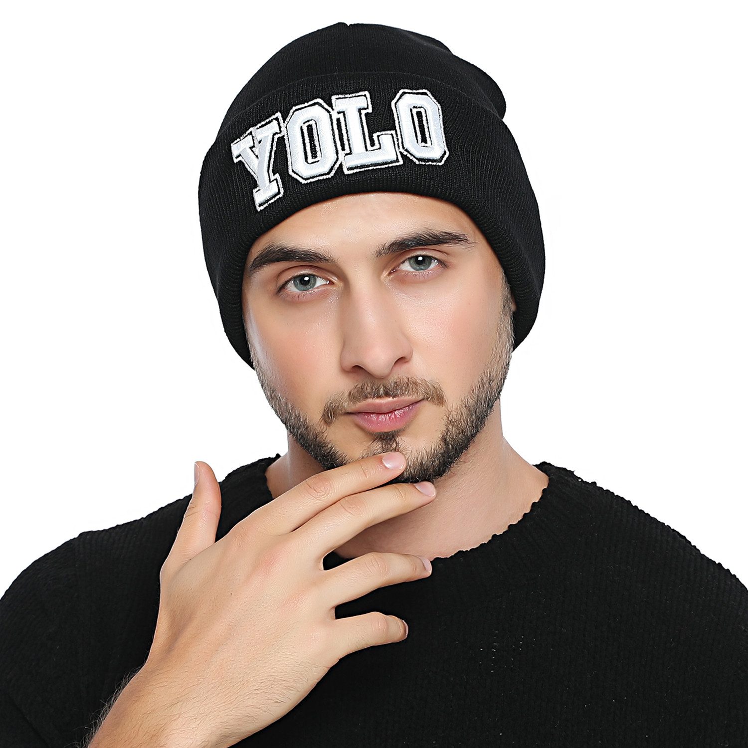 Beanie DonDon Herren stylische schwarze Mütze Winter Beanie YOLO