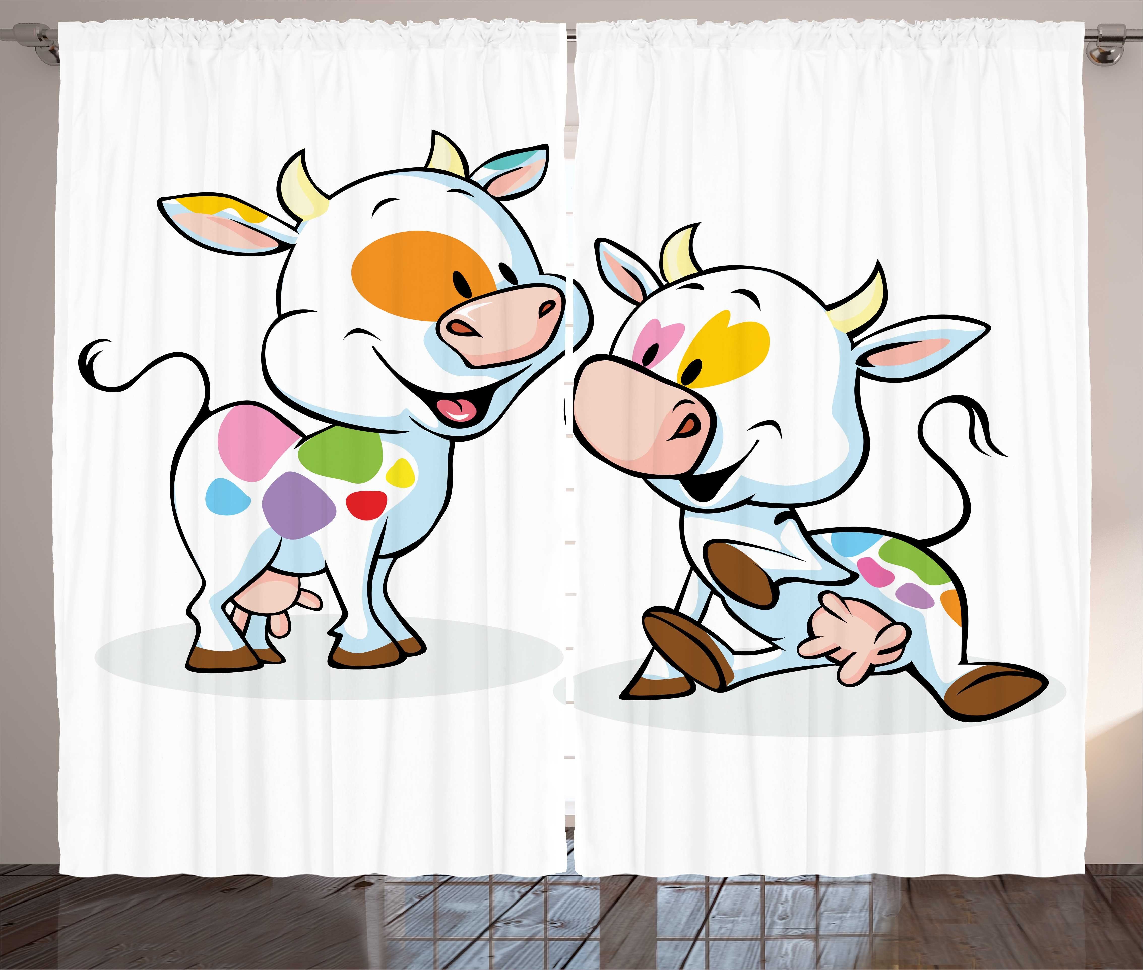 und Schlafzimmer Kräuselband Karikatur-Baby-Kühe Abakuhaus, Vorhang Haken, mit Gardine Verrückt Ackerland Schlaufen
