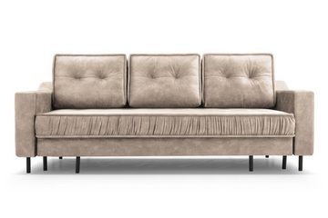 Beautysofa 3-Sitzer ALA, im skandinavisches Stil, mit hohe Metallbeine, für Wohnzimmer, Polstersofa aus Velours, mit Schlaffunktion und Bettkasten