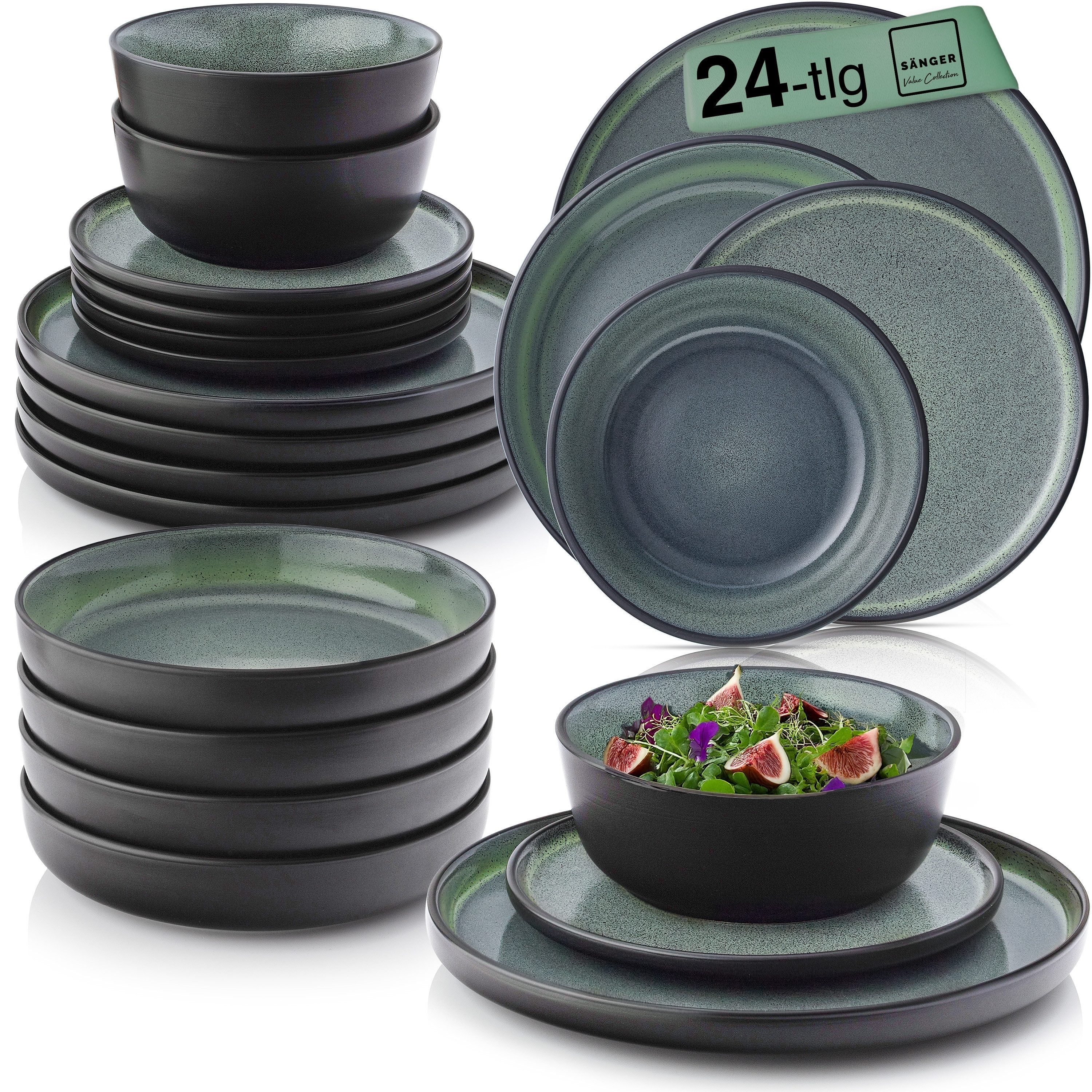 SÄNGER Tafelservice Malmö Geschirrset (24-tlg), 6 Personen, Steingut, Grün-Schwarz, Handmade, Erweiterbar, VALUE COLLECTION