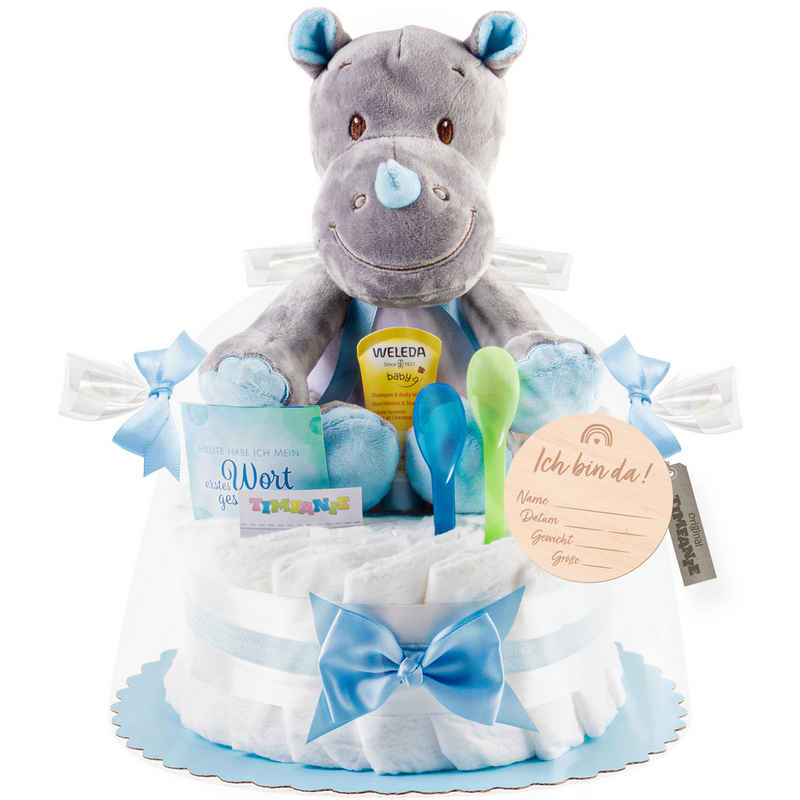 Timfanie Neugeborenen-Geschenkset Windeltorte, Kuschel Nashorn, blau, 0-8 Monate (rosa, 28-tlg., mit Grußkarte) Einzelanfertigung