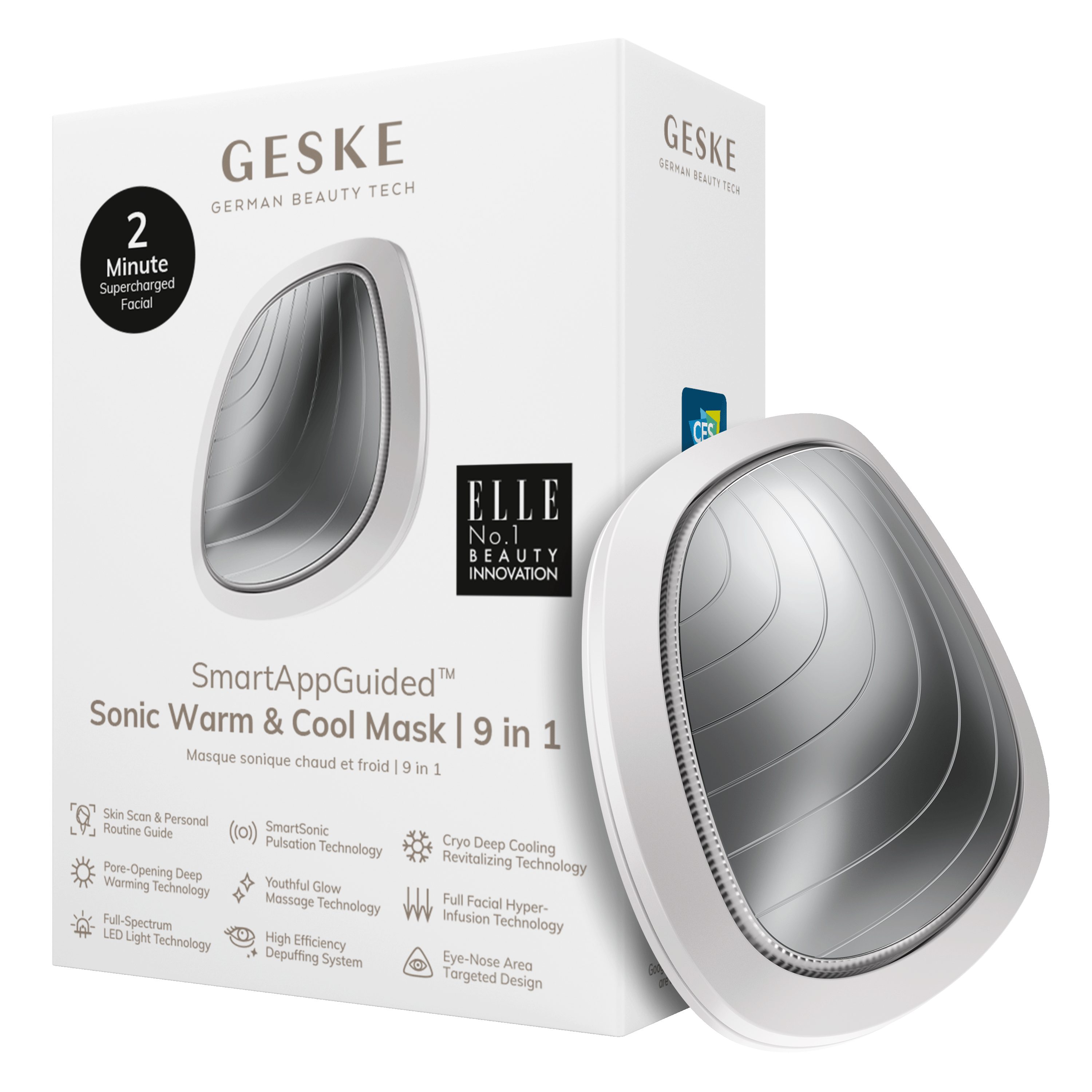 GESKE German Beauty Tech Enhancer SmartAppGuided™ Sonic Warm & Cool Mask 9 in 1, Packung (Gerät & USB-Ladekabel), 2-tlg., Gerät inkl. kostenloser APP (SmartAppGuided Device), Mit der GESKE App erhältst Du deine personalisierte Hautpflegeroutine. White