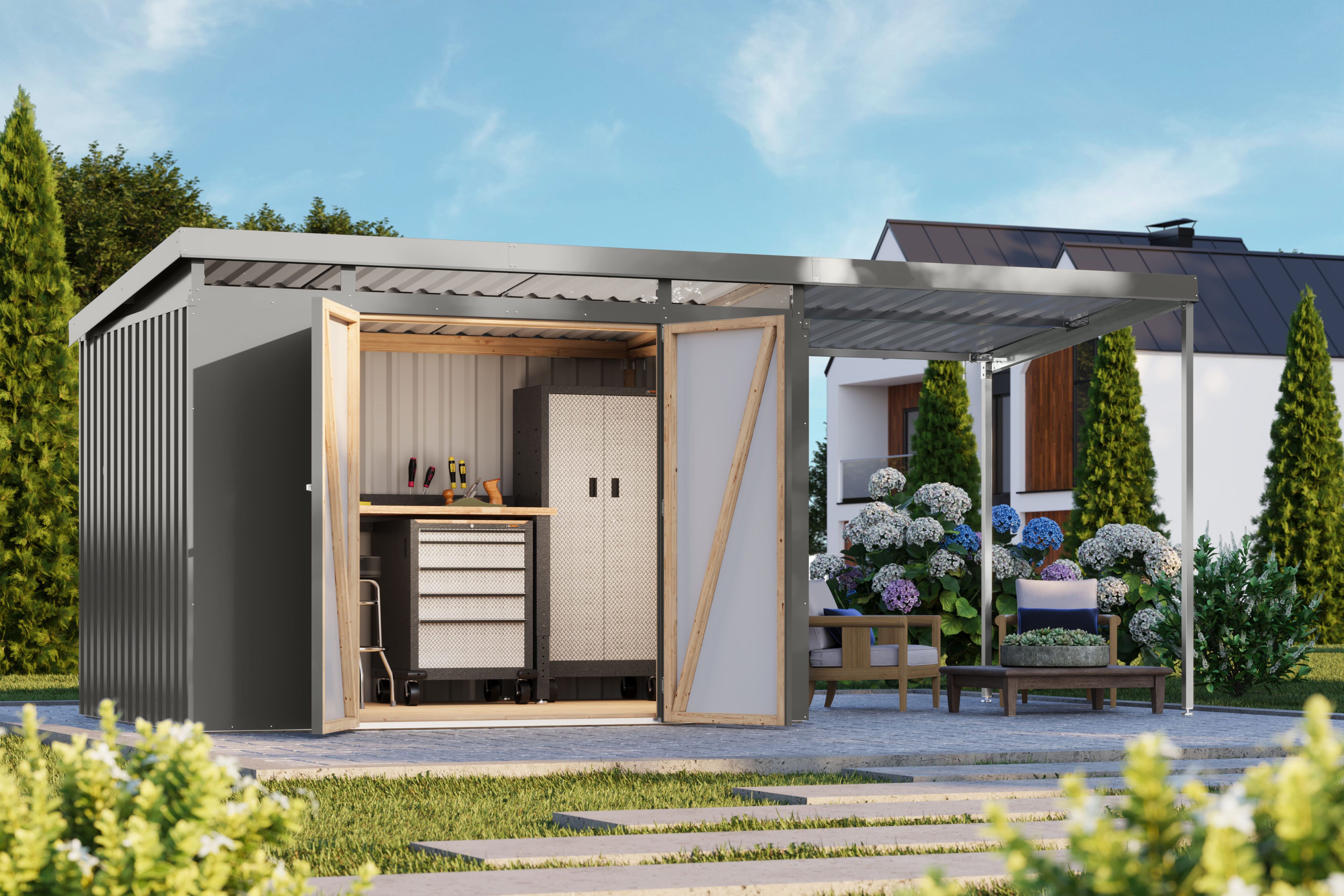 Karibu Gerätehaus Argonium 3 SET mit Anbaudach, BxT: 497x209 cm, Made in Germany