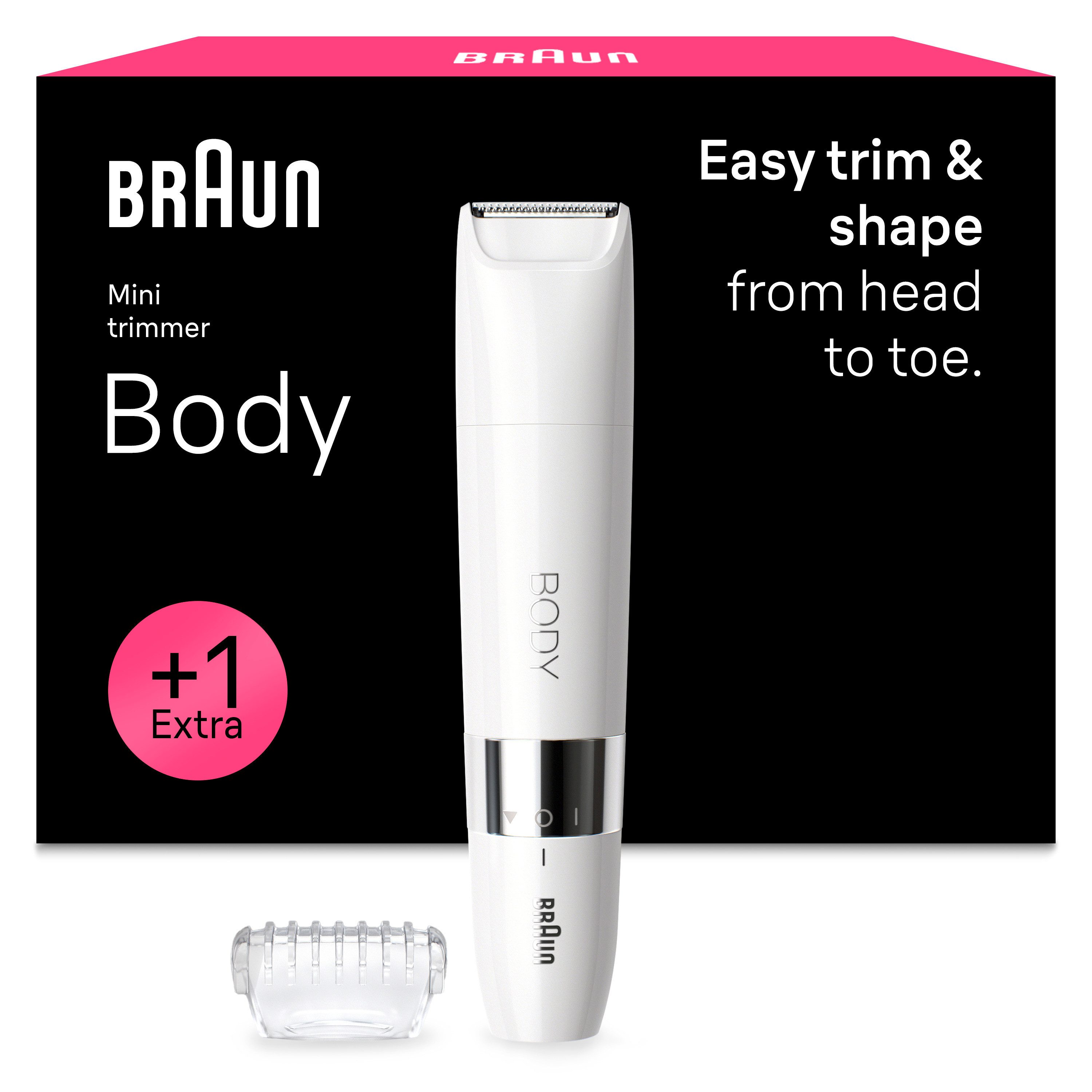 Braun Elektrokörperrasierer BS1000, Aufsätze: 1, Körpertrimmer zum einfachen Trimmen & Formen, + 1 Extra, BS1000, Weiß