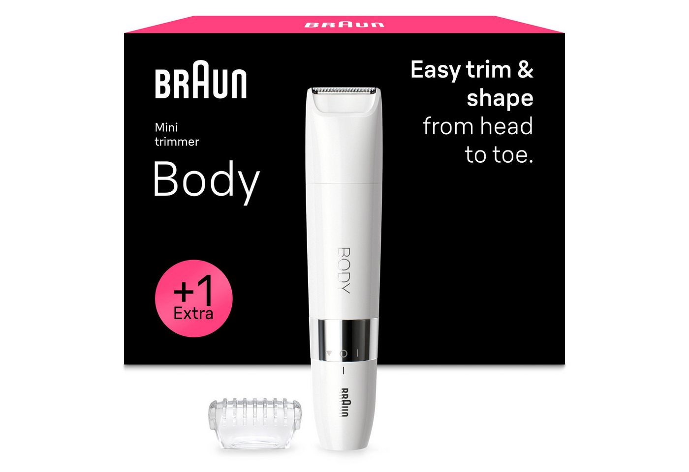 Braun Elektrokörperrasierer BS1000, Aufsätze: 1, Körpertrimmer zum einfachen Trimmen & Formen, + 1 Extra, BS1000, Weiß