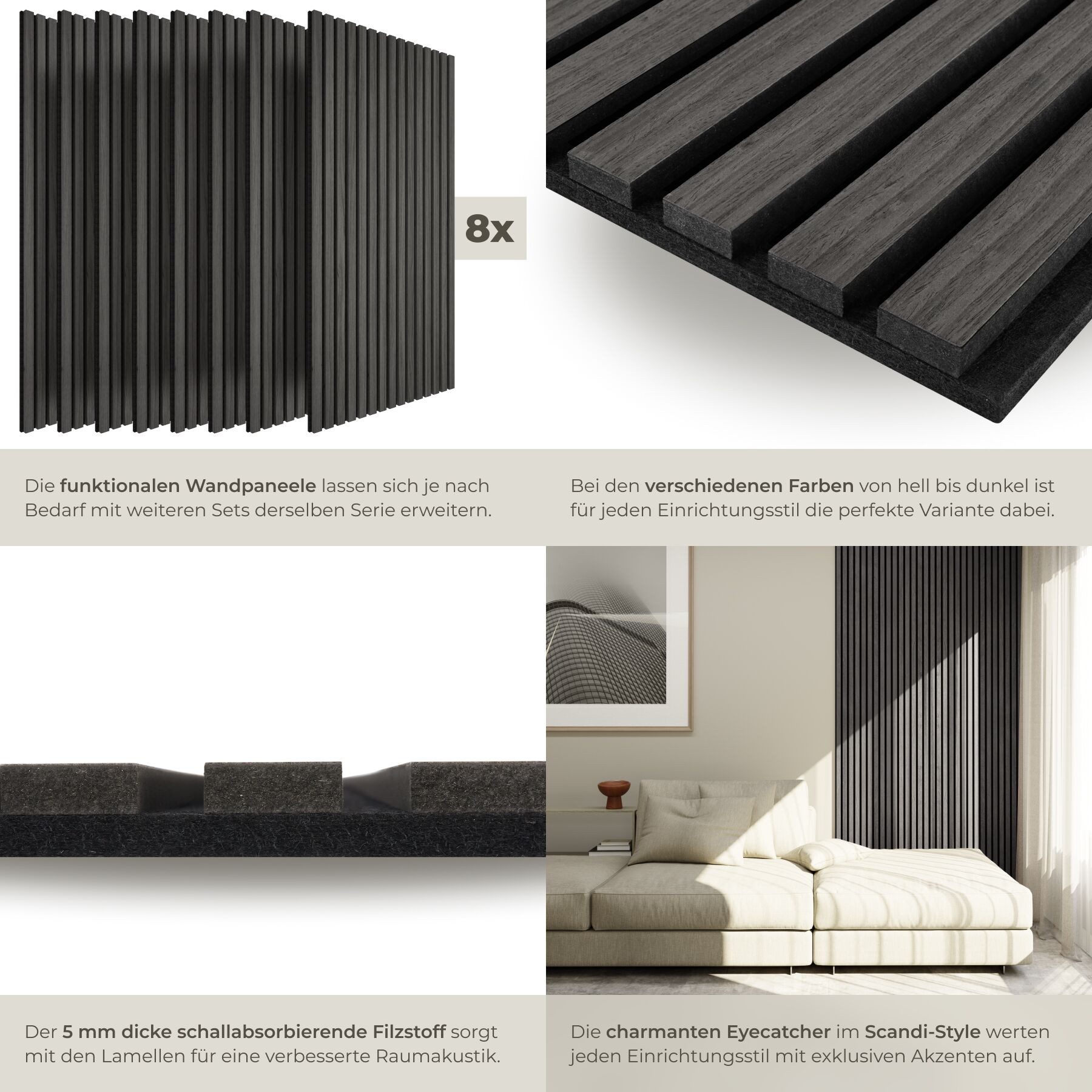 tectake Wandpaneel 3D Akustikplatte 110x50 cm Echtholzfurnier schallabsorbierend Filz, BxL: 50x110 cm, (Akustikpaneele Wand Sonic Wall IV, 8-tlg., in Eiche schw – Bild 4 von 5