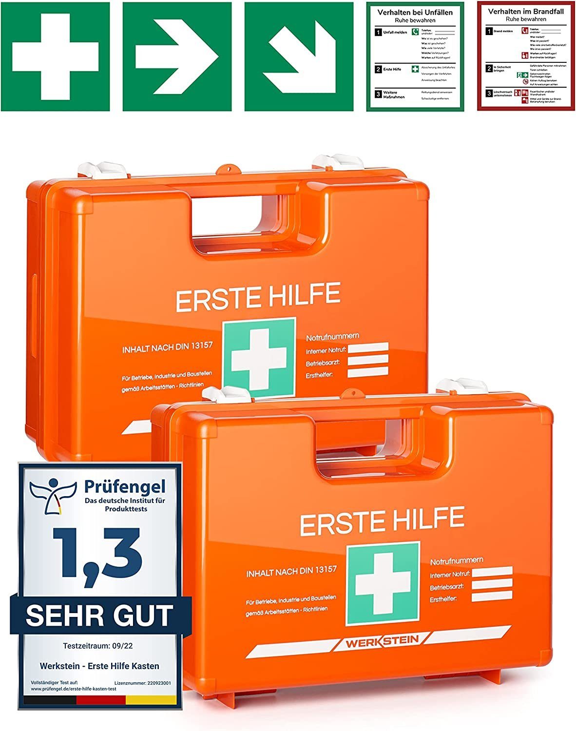 Werkstein Erste-Hilfe-Koffer 2 Stück inkl. praktischer Wandhalterung, 5x  Aufkleber & Plombe, (Set, 2 St), Koffer mit Inhalt nach DIN 13157:2021