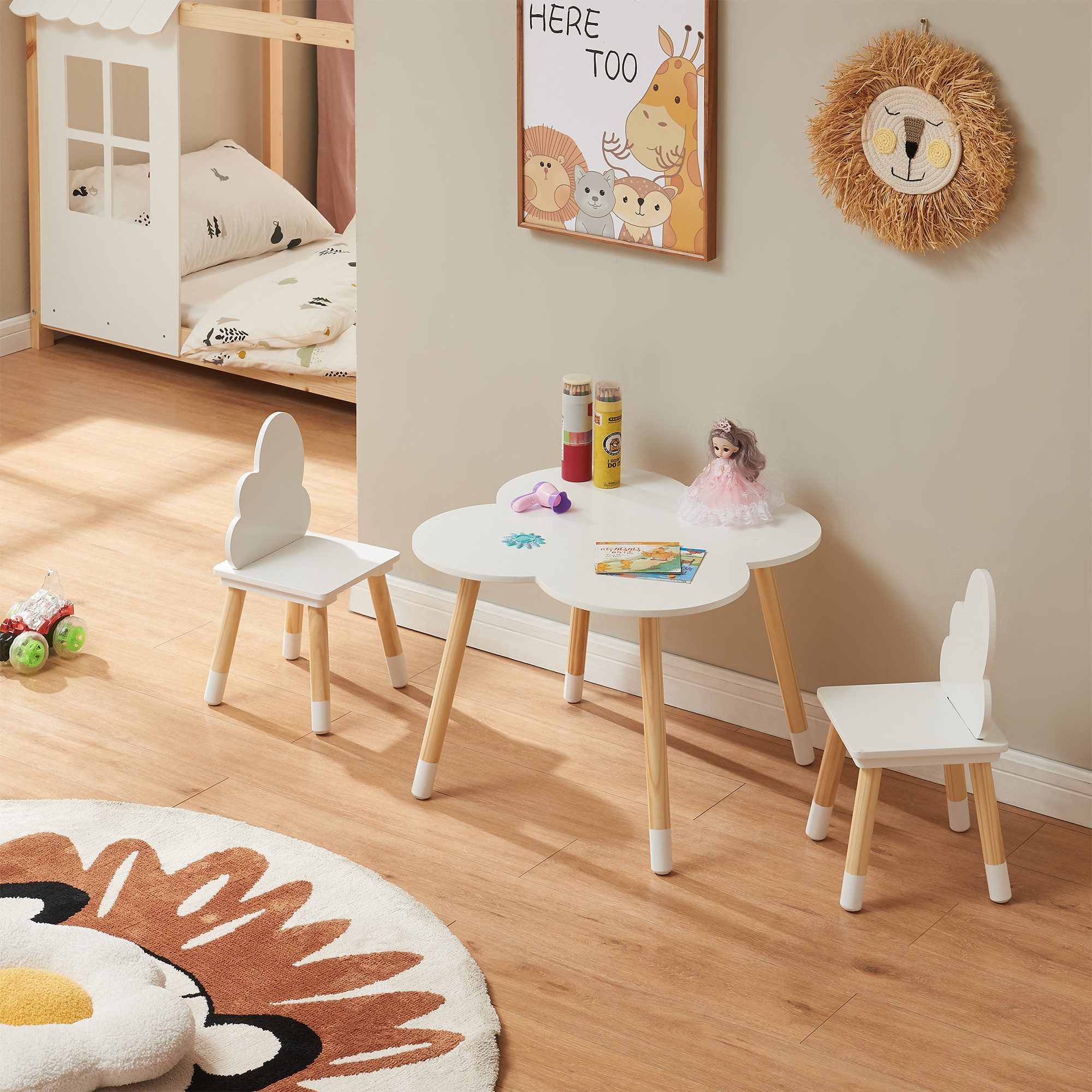 en.casa Kindersitzgruppe, (3-tlg., Tisch mit 2 Stühlen), »Epim« Kindertischset Wolkendesign Weiß