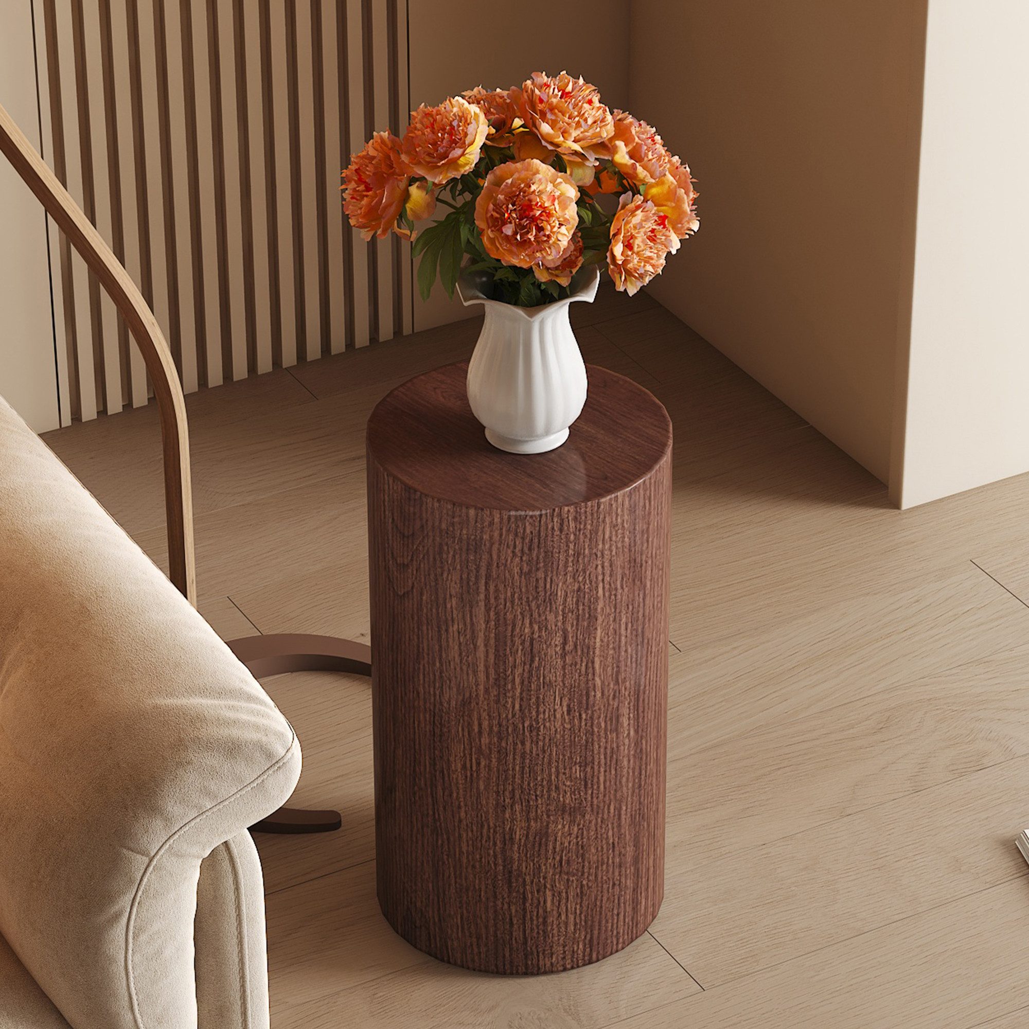 HAUSS SPOLE Couchtisch Rund Teetisch,Beistelltisch Sofatisch Wasserabweisend Nussbaum (Wohnzimmertisch im minimalistischen Design), Sofatisch 30x30x55 mit abgerundete Kanten