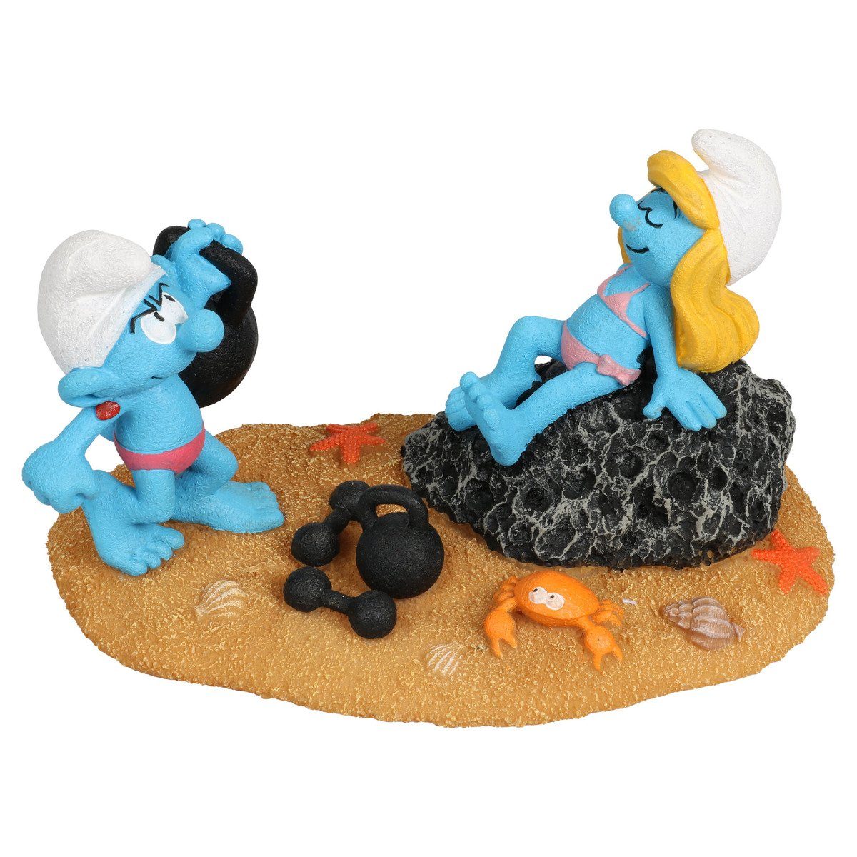 Aquariendeko Aquariendekoration Schlümpfe Strand mit Schlumpfine & Muskelschlumpf