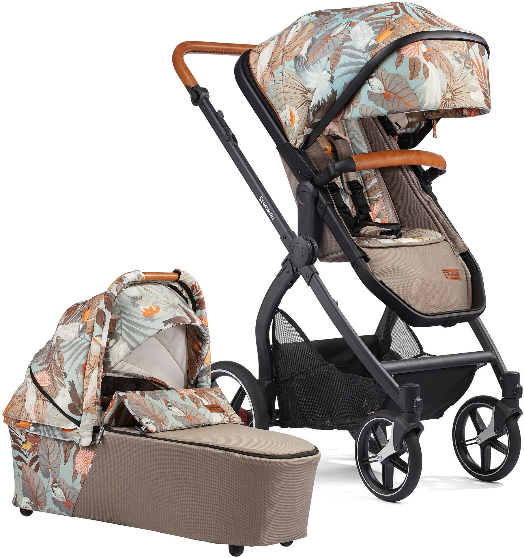 schwarz/cognac, mit Aufsatz Soft+ Gesslein C3 und Babyschalenadapter Kombi-Kinderwagen mit Babywanne FX4 sand, Life,