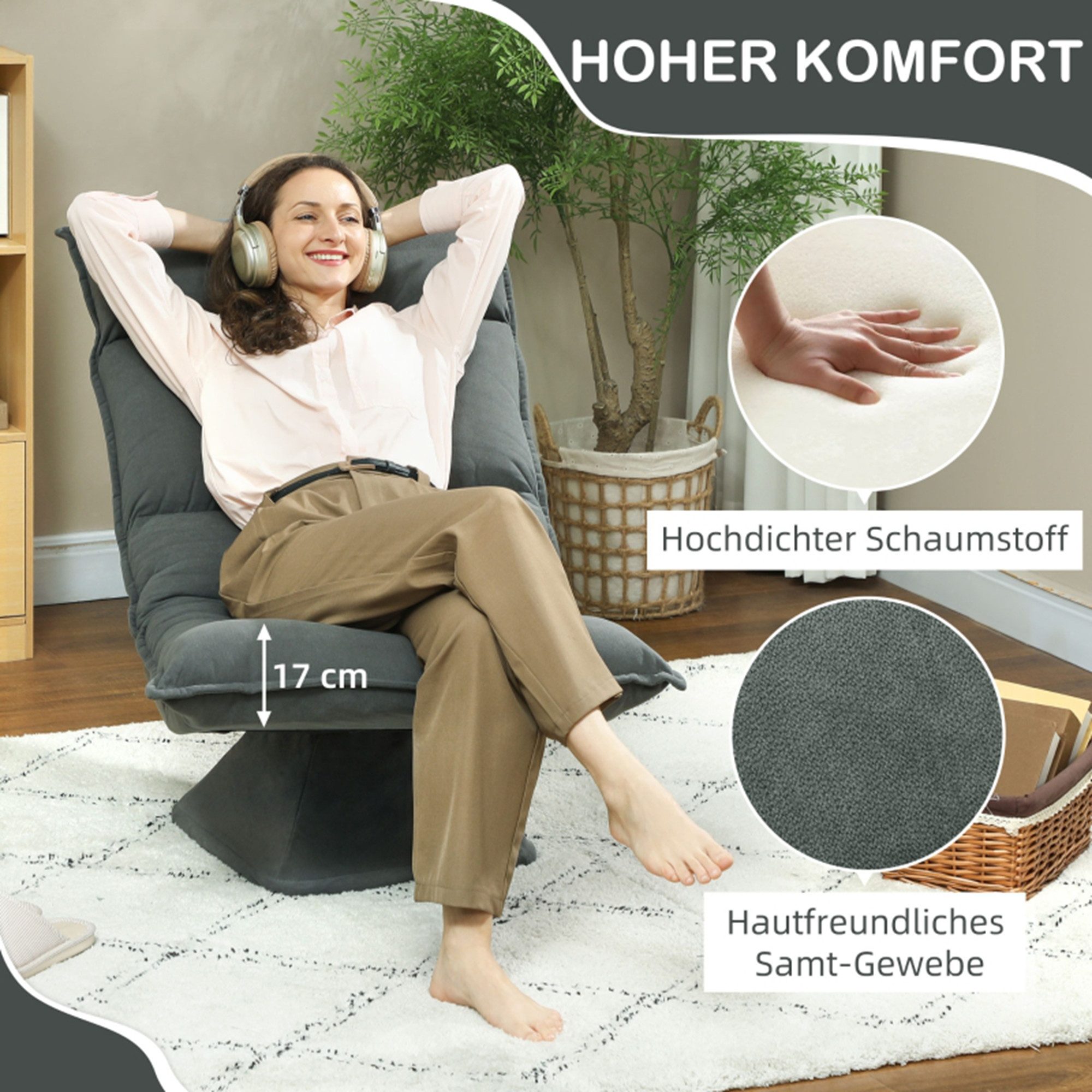 MC Star Relaxsessel Bodenstuhl 360° Drehbar Bodensessel mit 5-Fach Verstellbarer (Rückenlehne, Klappbares Bodensofa Meditationsstuhl Gepolstert Lazy Sofa für Wohnzimmer Gaming & Lesen Dunkelgrau)