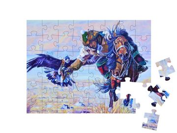 puzzleYOU Puzzle Mann auf einem Pferd mit Adler aus Kasachstan, 48 Puzzleteile, puzzleYOU-Kollektionen Ölbilder