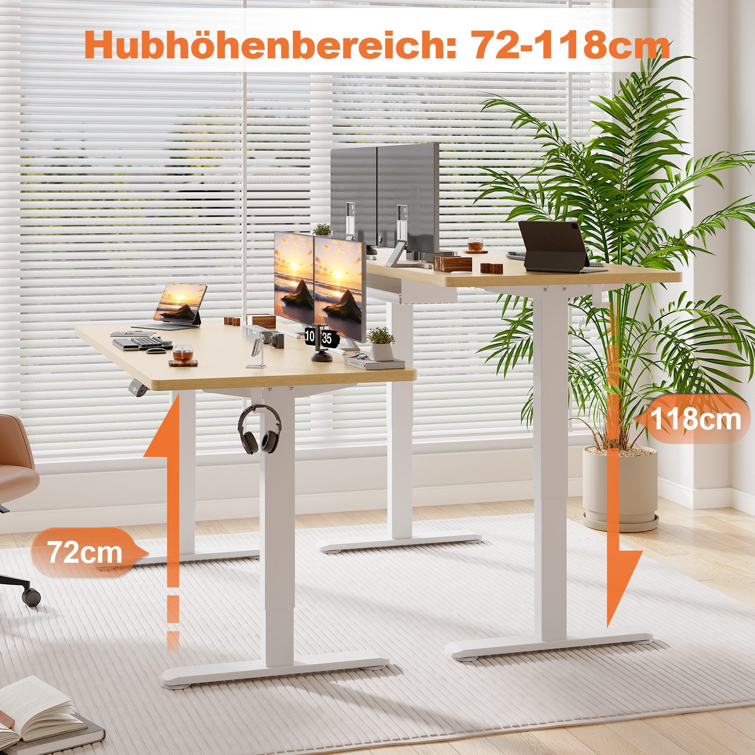 HOMALL Schreibtisch Höhenverstellbarer Elektrisch Schreibtisch, Vierteilige Tischplatte (Große Größe 140*70cm 160/180*80cm, mit USB-Ladeanschluss, einstellbare 3-stufige Höhe)