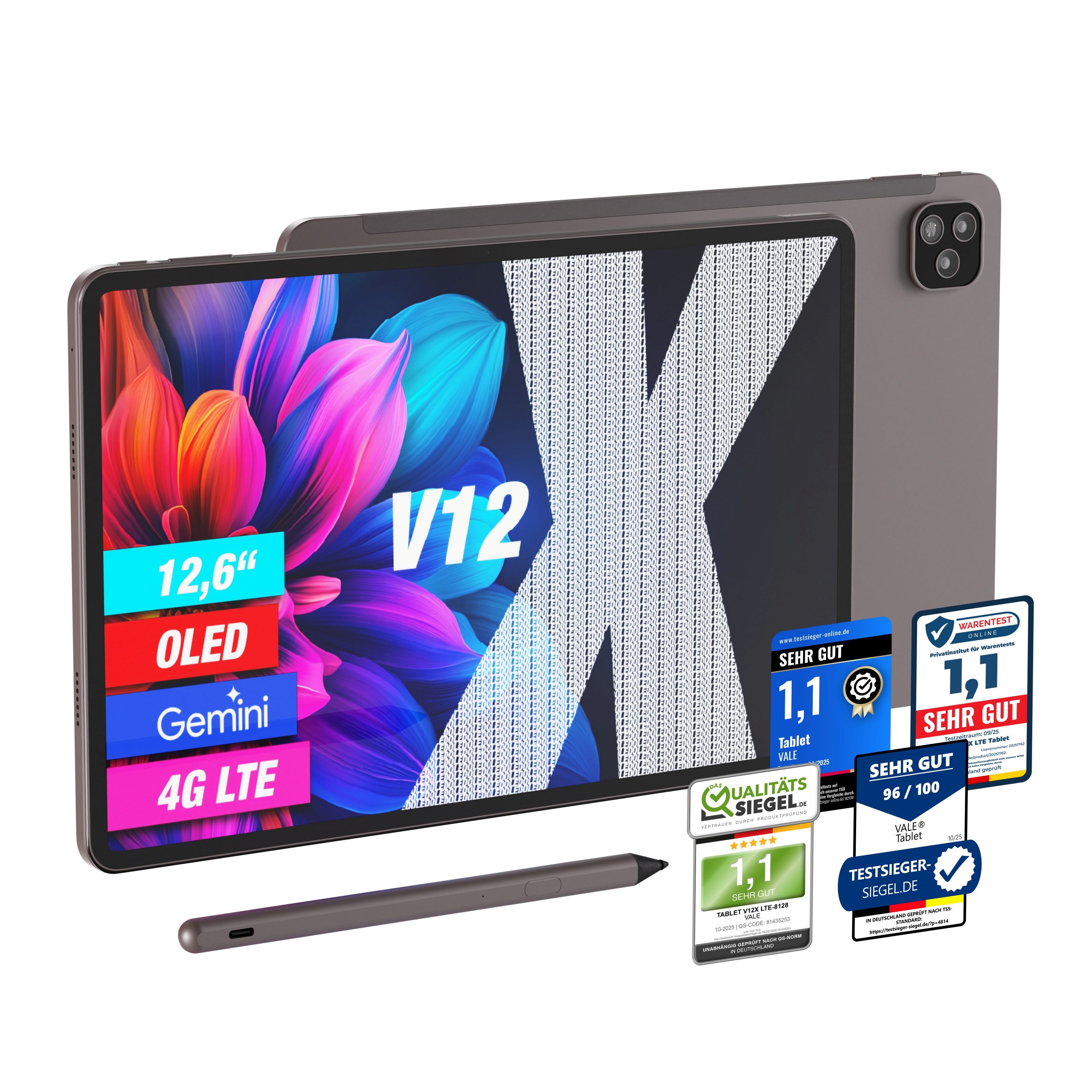 VALE Pad V12X LTE mit 12,6" AMOLED Display & MediaTek G99 Prozessor Tablet (128 GB, 2G, 3G, 4G, (LTE), Edles Full-Metal Design, 16GB RAM, 128GB Speicher, inkl. Stift & Hülle)