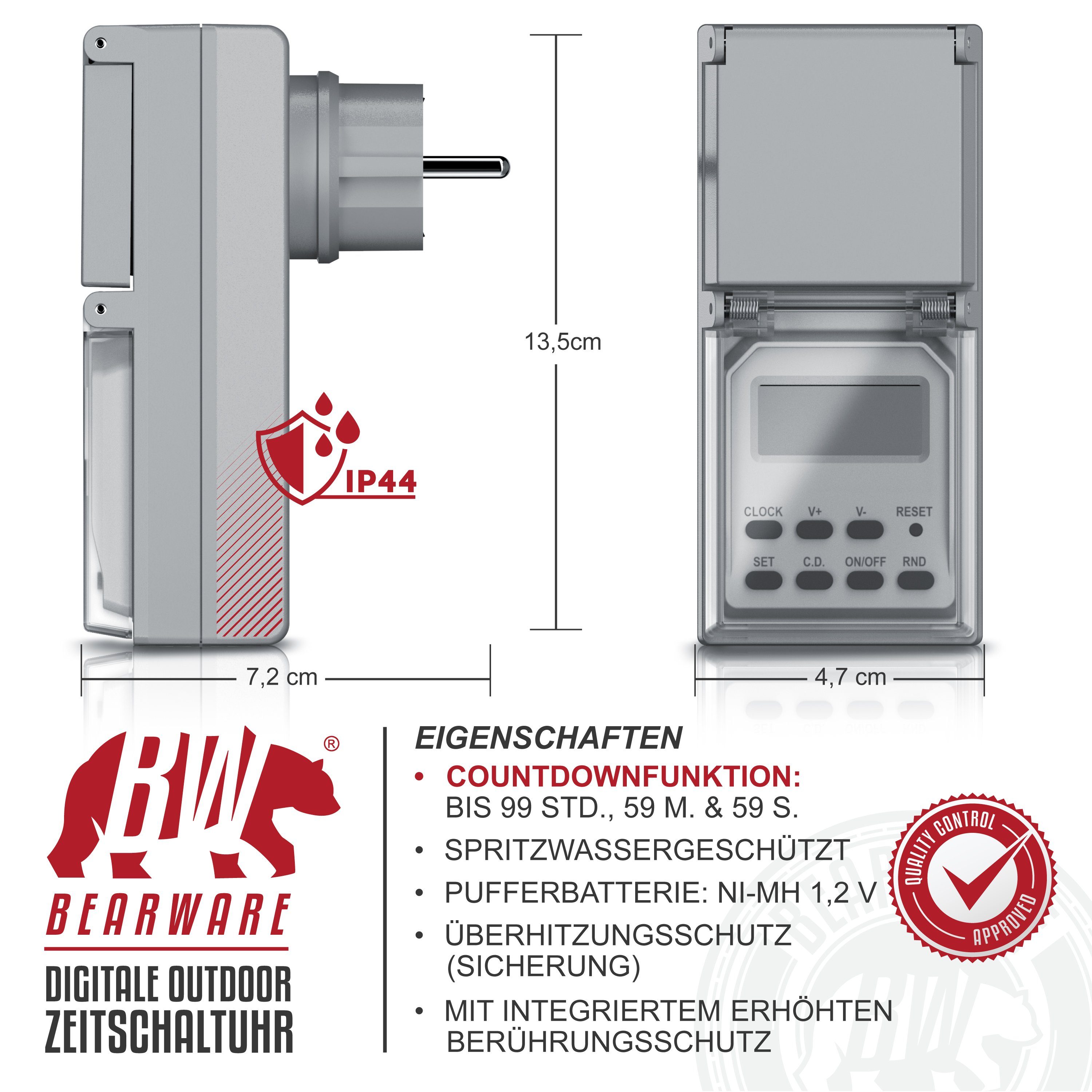 BEARWARE Zeitschaltuhr für den Außenbereich / Outdoor, mit Zufallsfunktion, IP44, Countdown, digital, 1-St., täuscht Anwesenheit vor, für Garten, Terrasse und H – Bild 3 von 5