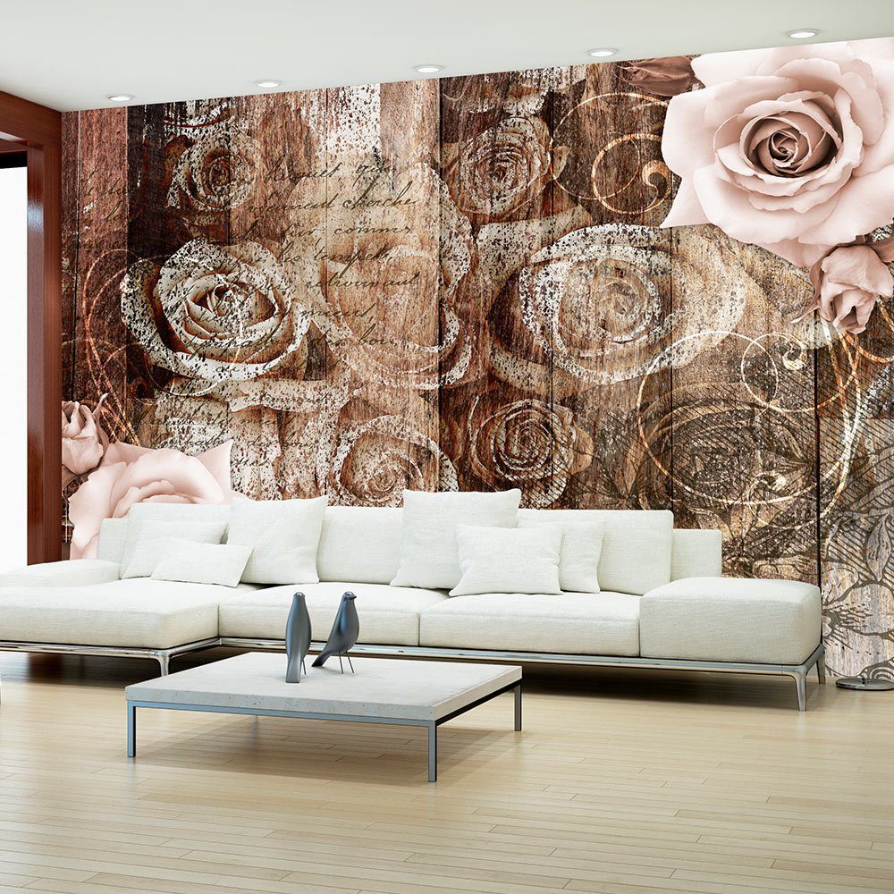 KUNSTLOFT Vliestapete Old Wood & Roses 3.5x2.45 m, halb-matt, lichtbeständige Design Tapete