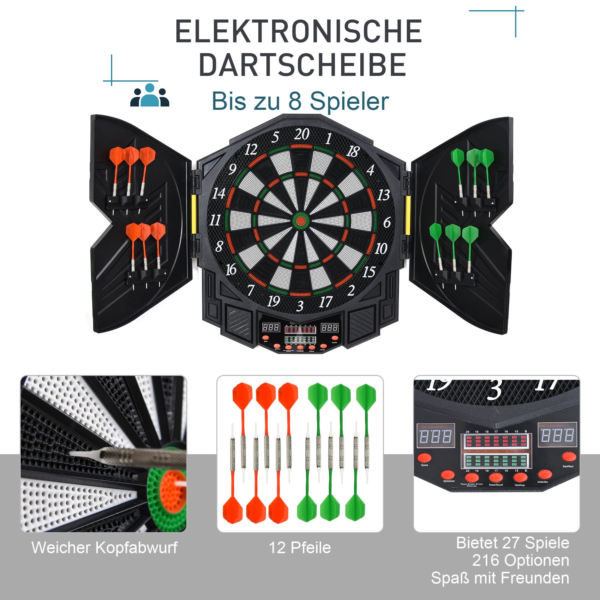 HOMCOM Dartscheibe mit Sprachansagen Englische Stimme LED-Anzeigen 12 Darts, (Dartspiel mit LCD-Anzeige, 1-tlg., Dartboard), Schwarz 49 x 54,6 x 5,5 cm – Bild 4 von 5