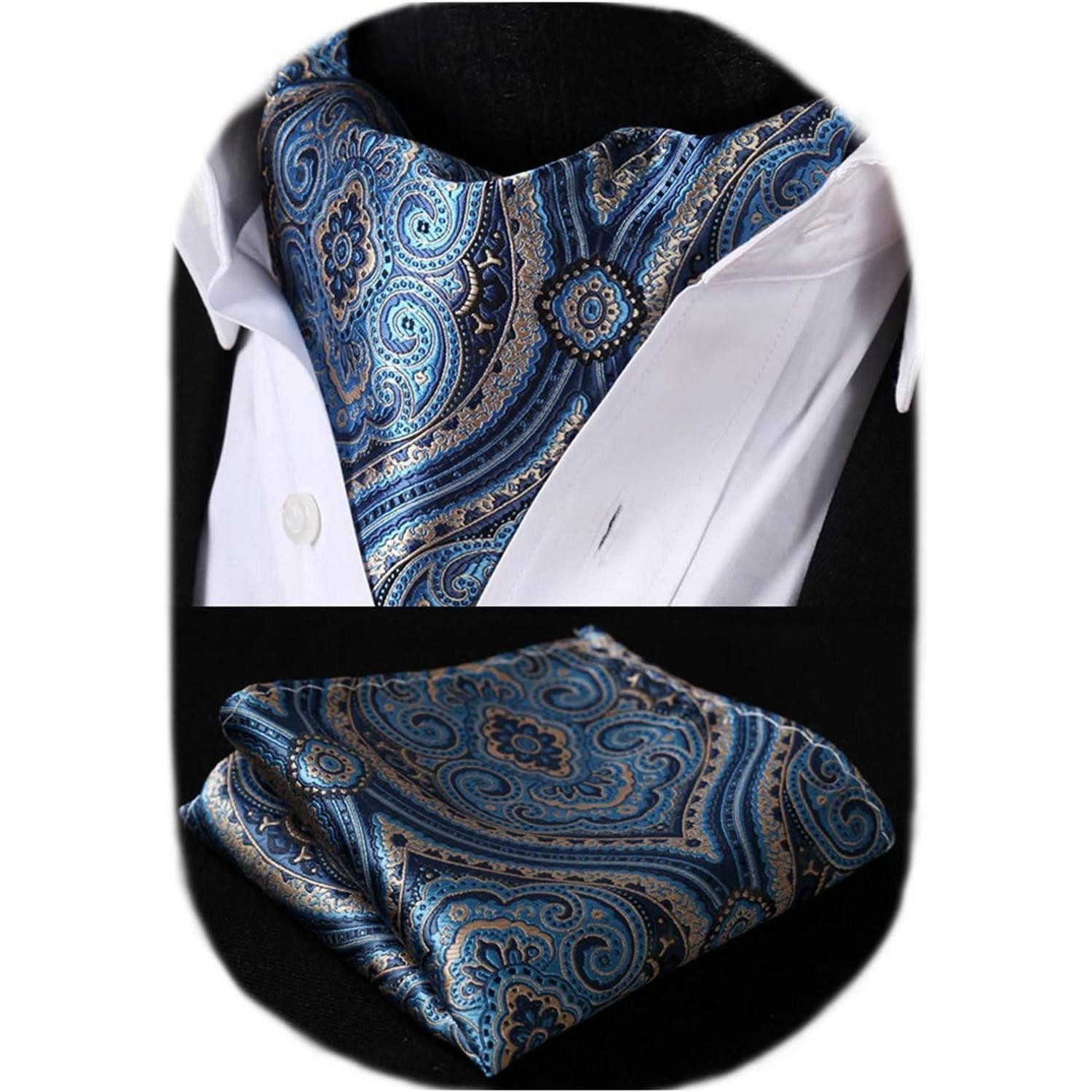 LuxusKollektion Krawatte Ascot Halstuch Einstecktuch Herren Paisley Blau Beige Einheitsgröße