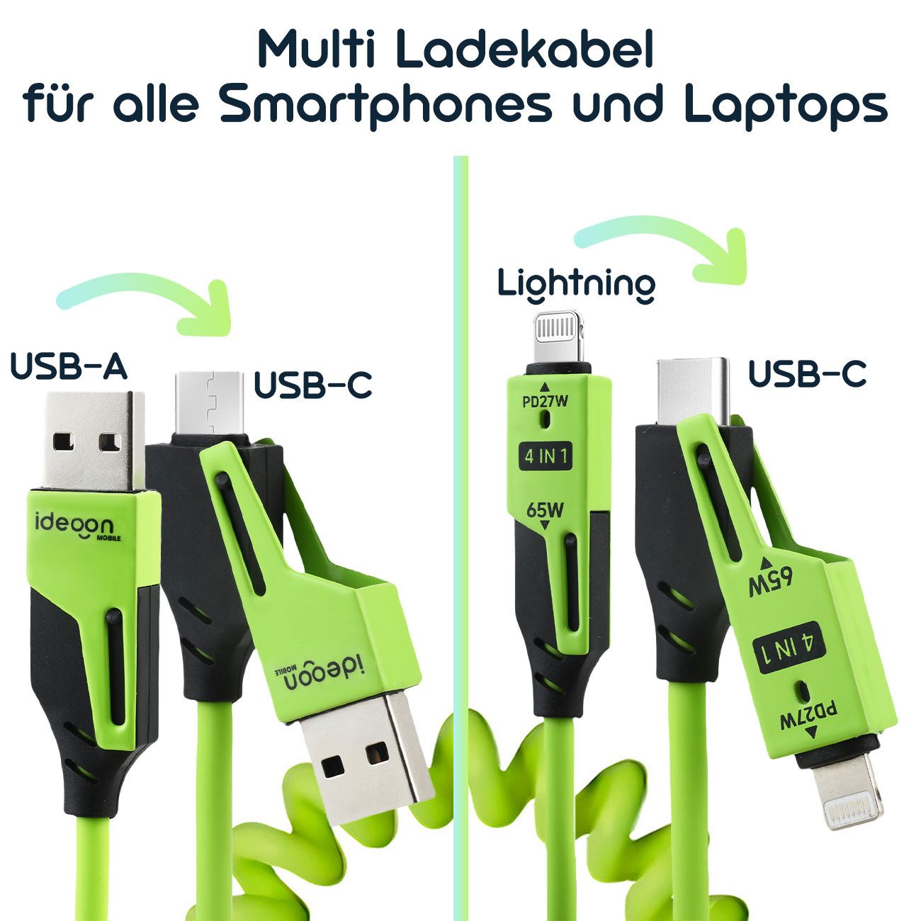 shop'n smile ideoon 4in1 Spiralladekabel 65W 1,5m USB-C auf USB-C Multi-Kabel mit Adaptern Laptop-Ladegerät (1-tlg., 1er/2er/4er-Set, 65W Multi-Spiralkabel USB-C USB-A & Lightning 1,5m flexibel TPE/Zink)