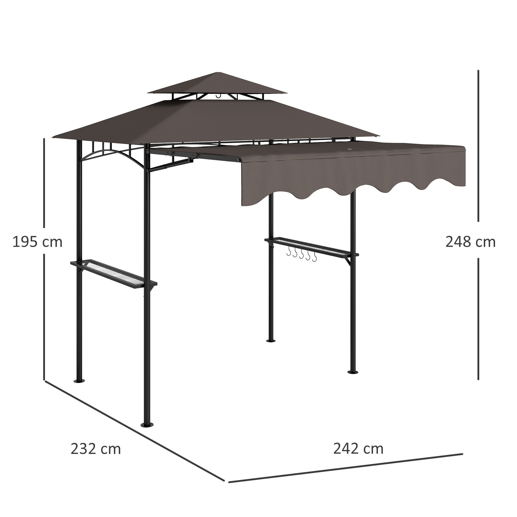 Outsunny Grillpavillon 242x232x248 cm, mit Doppelschichtdach, Seitenregalen, UV 30+, (wasserabweisend Gartenlauben, flammhemmend Gartenpavillon), Gartenzelt für Garten Picknick BBQ Kaffee