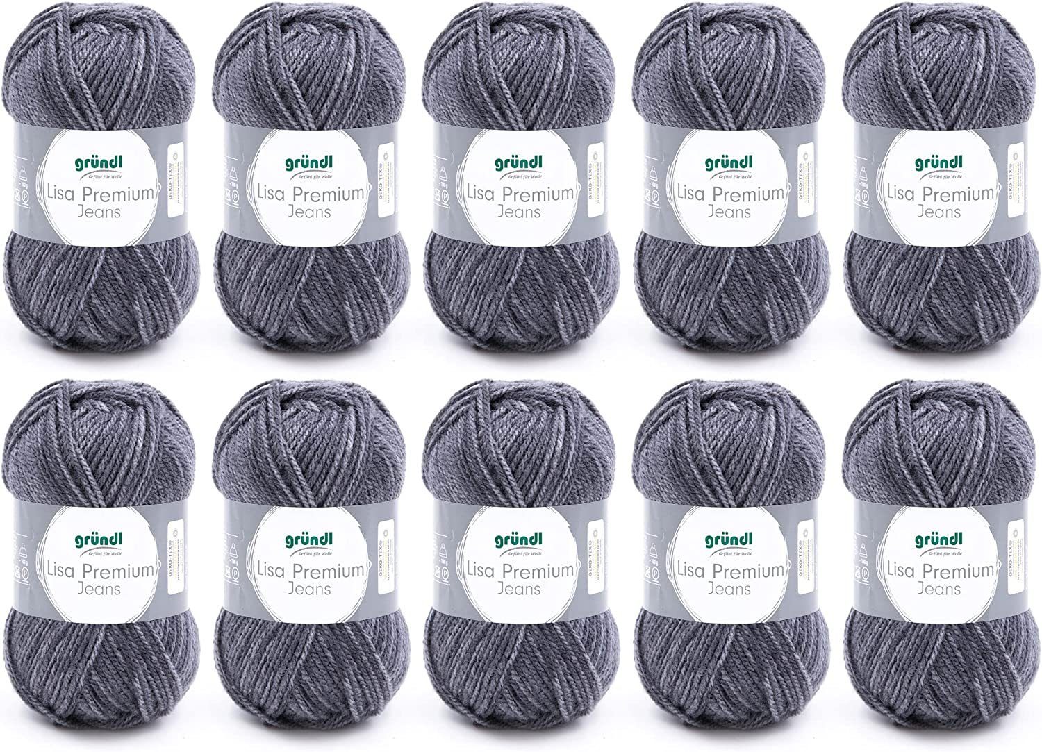 Gründl Lisa Premium Jeans Wolle zum Stricken Häkeln Woll-Paket 10x50g Häkelwolle, (Strickgarn, Strickwolle), Handstrickgarn zum Handarbeiten