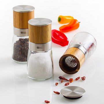 AdHoc Salz-/Pfeffermühle und Chili Mühle Akasia manuell, (3 Stück), Keramik-Mahlwerk und SchneidWerk aus Edelstahl, Füllung inkl.