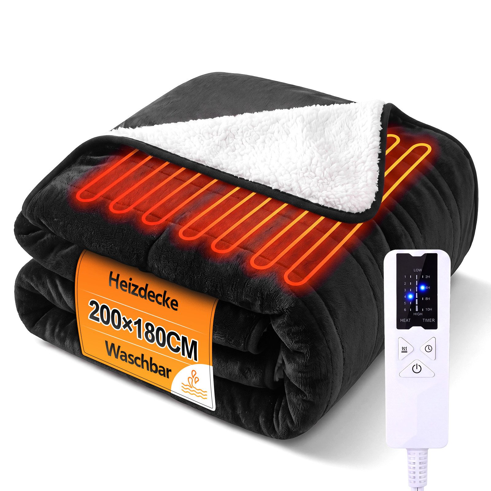 Ledklang Heizdecke Elektrisch Schwarz/Grau Timer Überhitzungsschutz Waschbar Wärmedecke, für das Bett das Sofa und beim Camping( 200x180 cm/180x130cm) , 6-Stufen-Heizung & Zeitschaltuhr einfache Reinigung bei 30 °C.