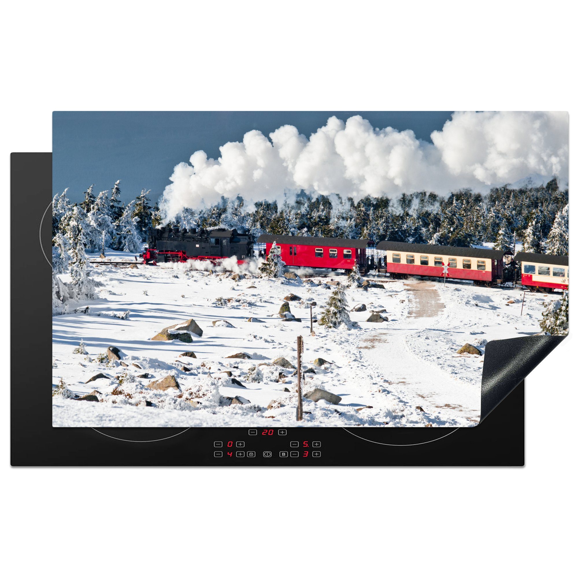 Top-Event MuchoWow Herdblende-/Abdeckplatte küche Eine Vinyl, für Dampflokomotive Arbeitsplatte Schnee, (1 Ceranfeldabdeckung, cm, im tlg), 83x51