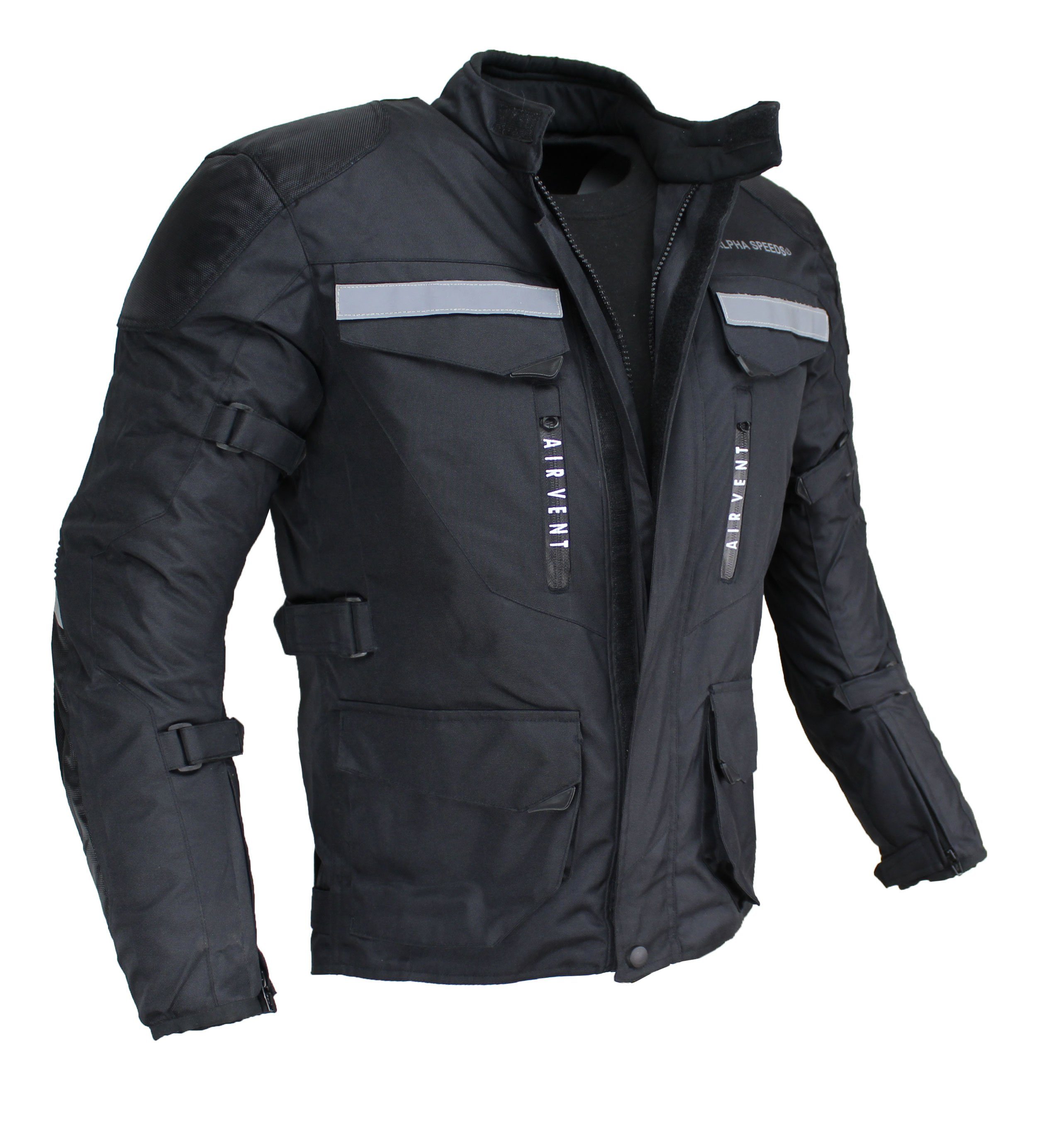 Alpha Speeds Motorradjacke Herren Motorrad Textiljacke Biker Wasserdicht Jacke (CUSTOM EDITION, inklusive Protektoren, Trennbare Reflektierende Patches) Trennbare Steppinnenfutter: All Season, Schwarz