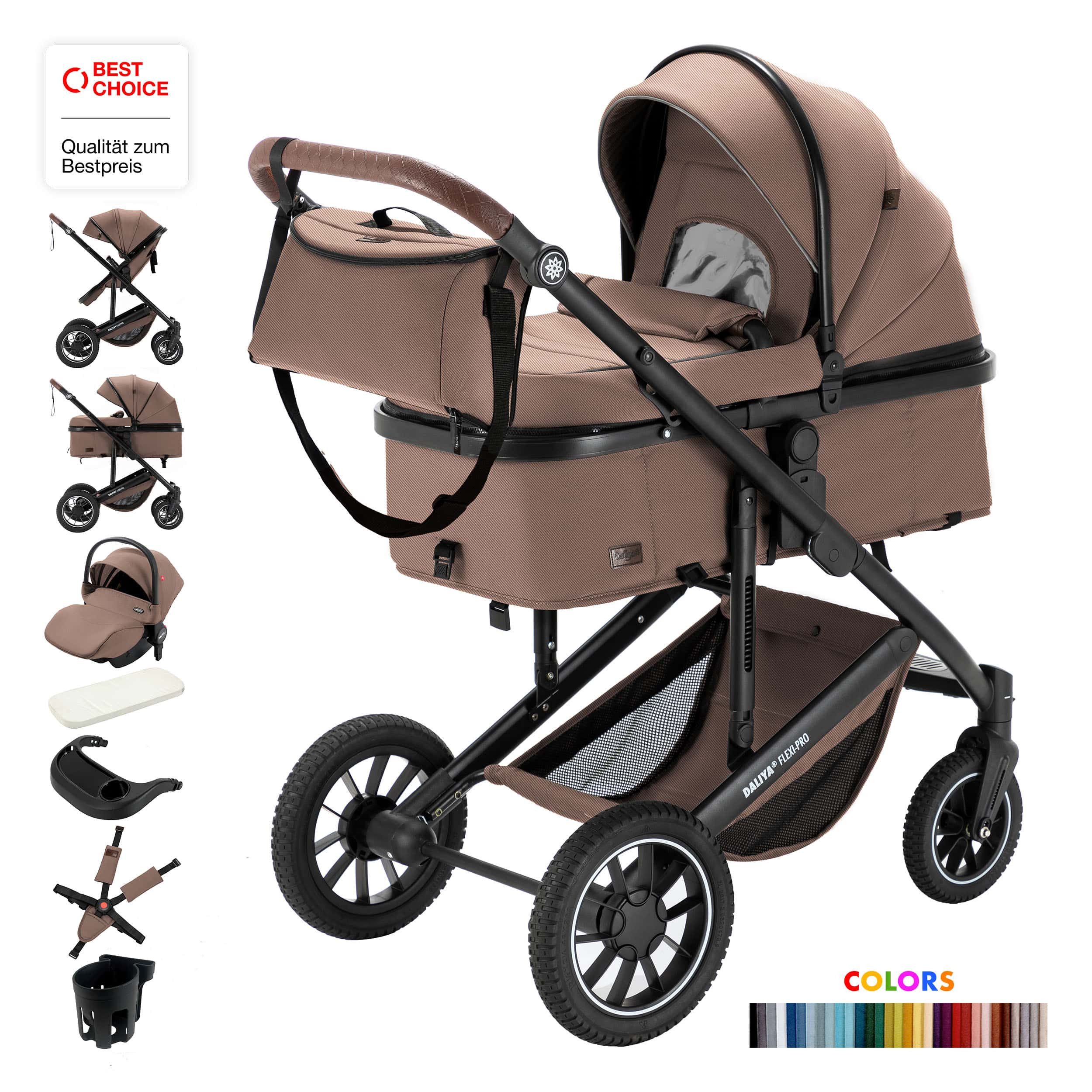 Daliya® Kombi-Kinderwagen FLEXI-PRO M 3in1 Kinderwagen & Buggy, Reisekinderwagen, XXL Set, (XXL-Set mit i-Size Babyschale, 13-tlg), Einhändig abnehmbare Wanne, i-Size Babyschale, Alu-Rahmen, Gummireifen