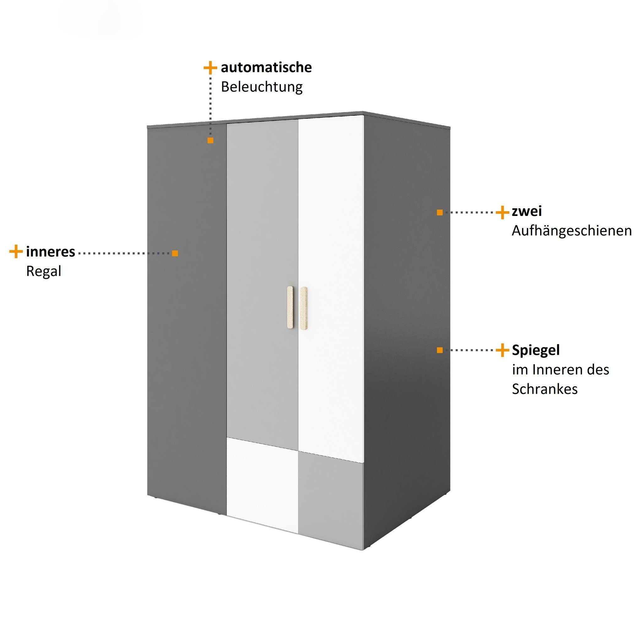 mit Jugendzimmerschrank, rechts) Pok oder Inneren, links Drehtüren Kleiderstangen, Corner Beautysofa Eckschrank (2 mit Schrank Garderobeschrank Spiegel Einlegeböden, LED-Beleuchtung, im