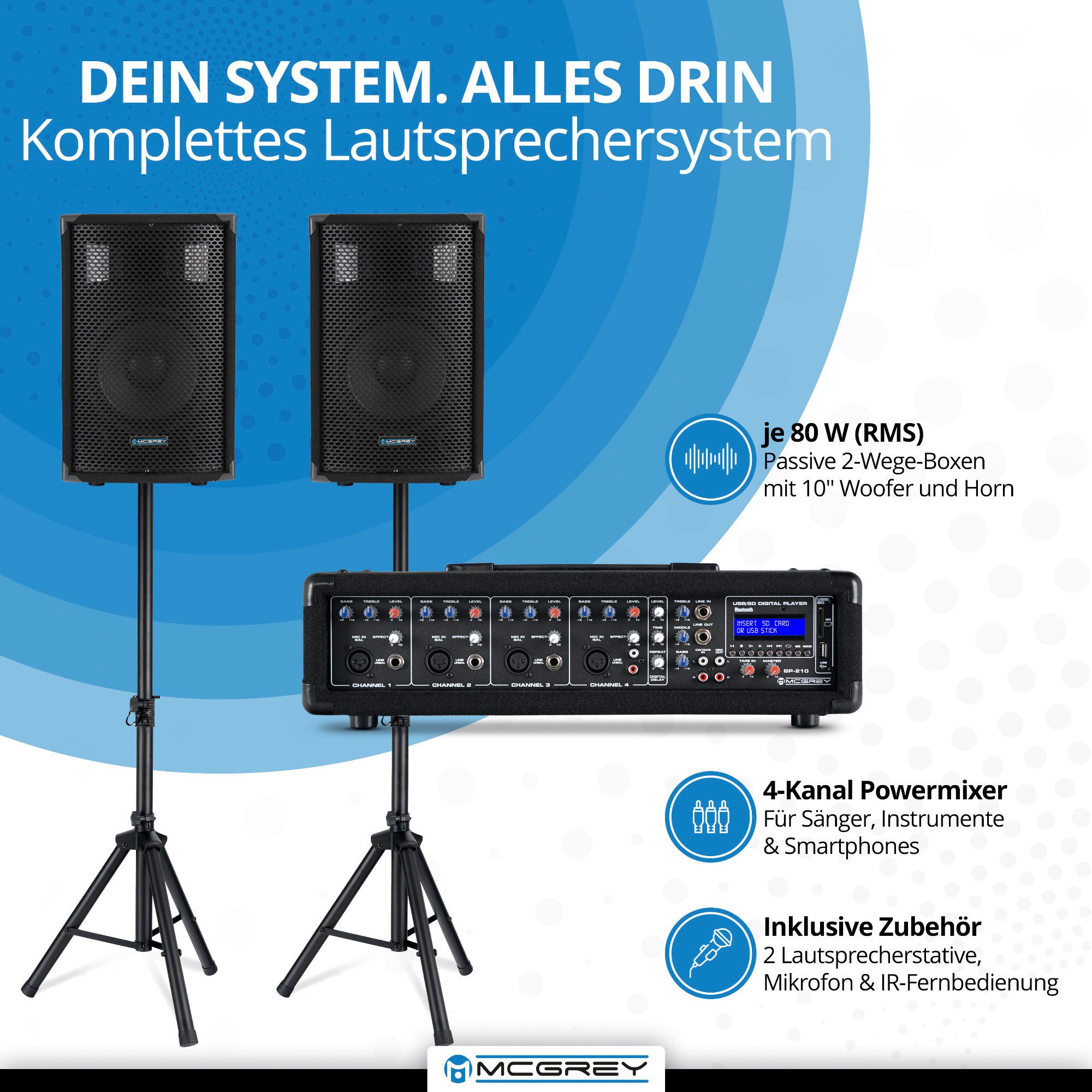McGrey McGrey BP-210 Bandpack PA-Anlage 100 Watt Lautsprechersystem (Bluetooth, 50 W, inkl. 4-Kanal Powermixer - USB/SD-Slot - Mikrofon, Kabel & Stative)