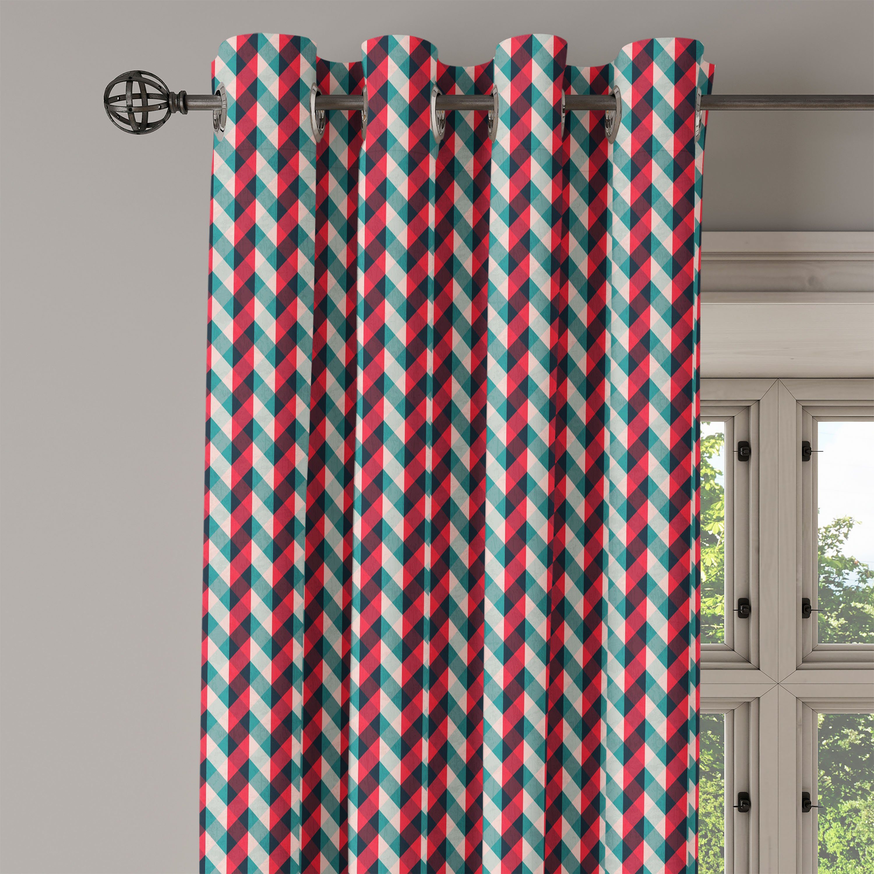 Abakuhaus, Retro Dekorative 2-Panel-Fenstervorhänge Wohnzimmer, Gardine Schlafzimmer für Land-Art-Checkered