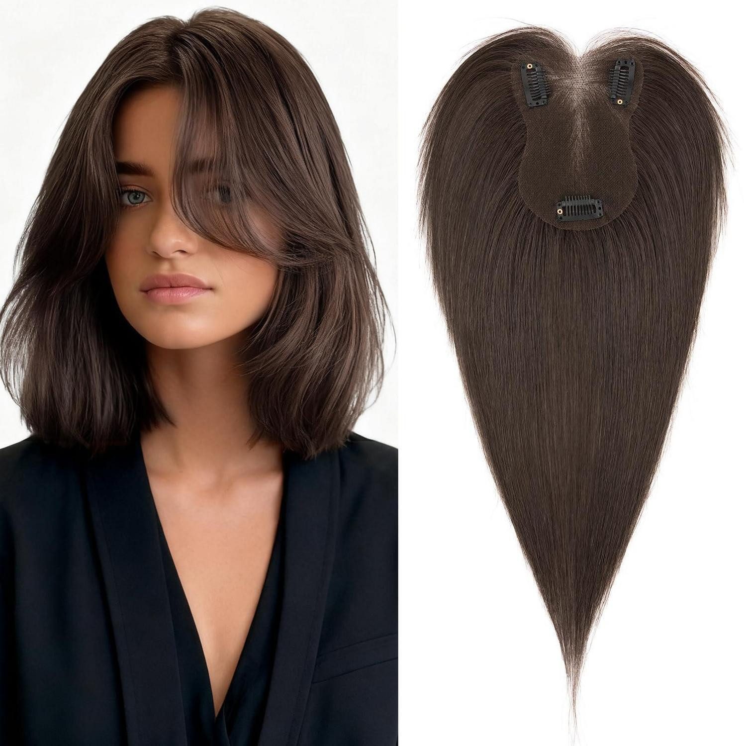 LuxusKollektion Echthaar-Extension Topper Echthaar Damen Clip In Mittelscheitel 19g Dunkel Braun