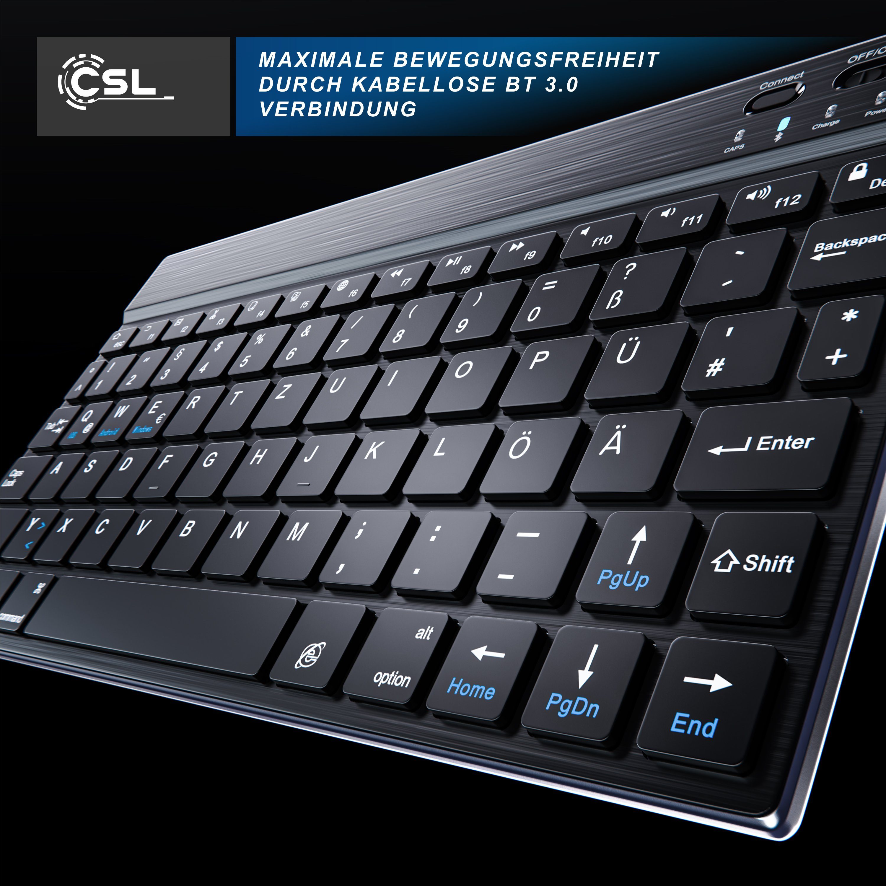 CSL Wireless-Tastatur (Ultra Slim Keyboard, Alugehäuse, BT Deutsches schwarz/silber Layout, Bluetooth, 3.0)