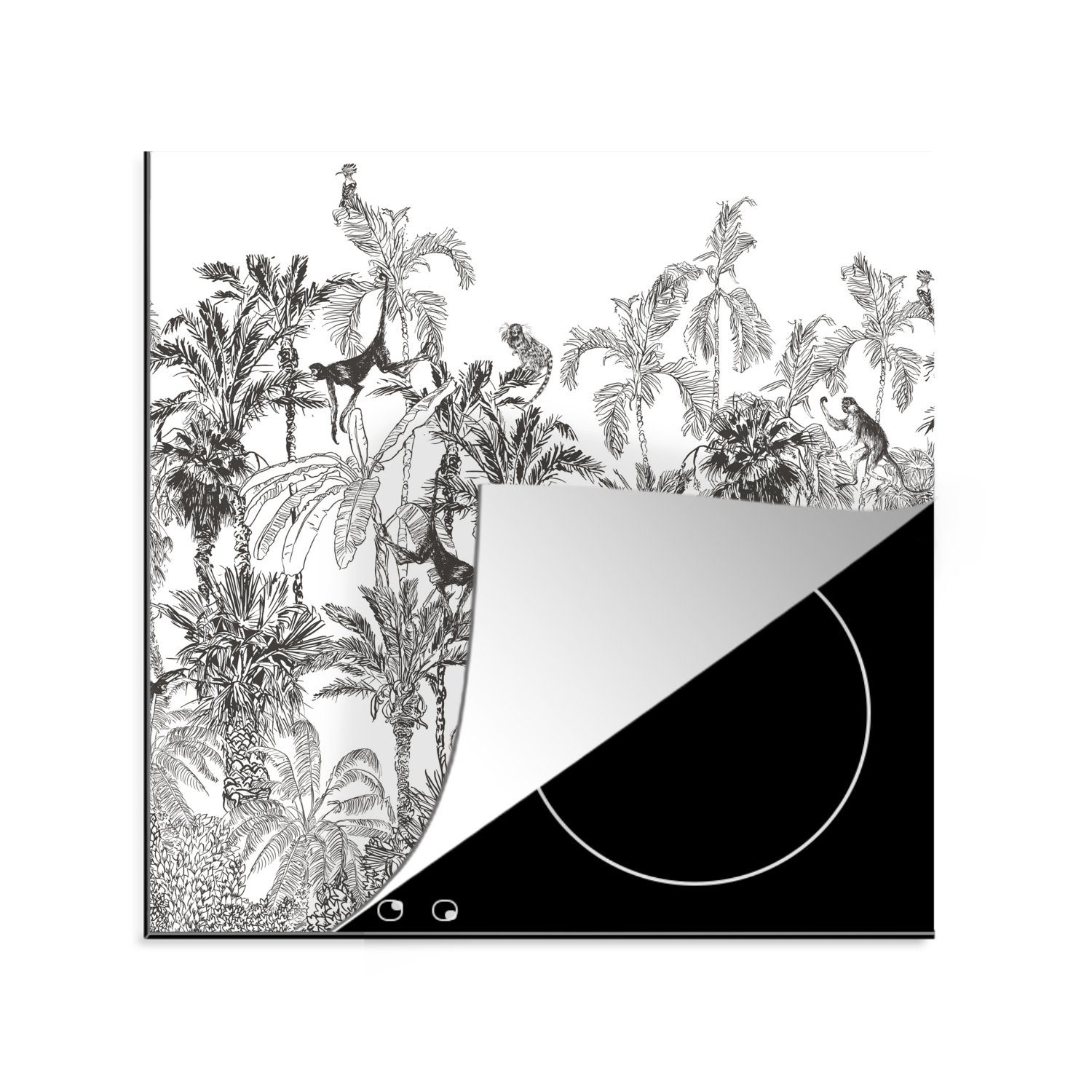 Herdblende-/Abdeckplatte Arbeitsplatte (1 Ceranfeldabdeckung, MuchoWow Weiß, Tiere Dschungel - - Schwarz 78x78 tlg), Vinyl, cm, für - küche
