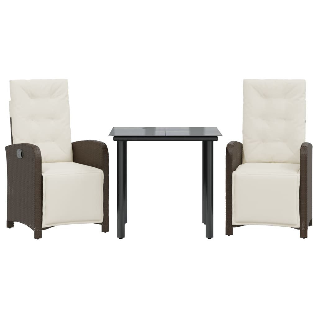 vidaXL Gartenlounge-Set 3-tlg. Bistro-Set mit Kissen Braun Poly Rattan, (2-tlg)
