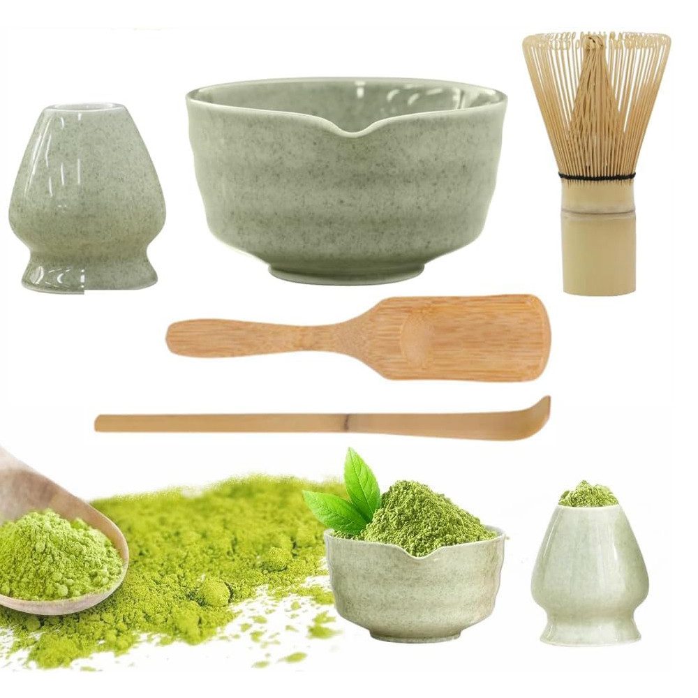 TUWENA Teeschale 5er-Set Matcha-Set, Matcha-Rührer-Set, Matcha-Schüssel mit Ausgießer, Matcha-Rührer, Ständer, Matcha-Löffel, Teelöffel, Matcha Besen 5er-Set