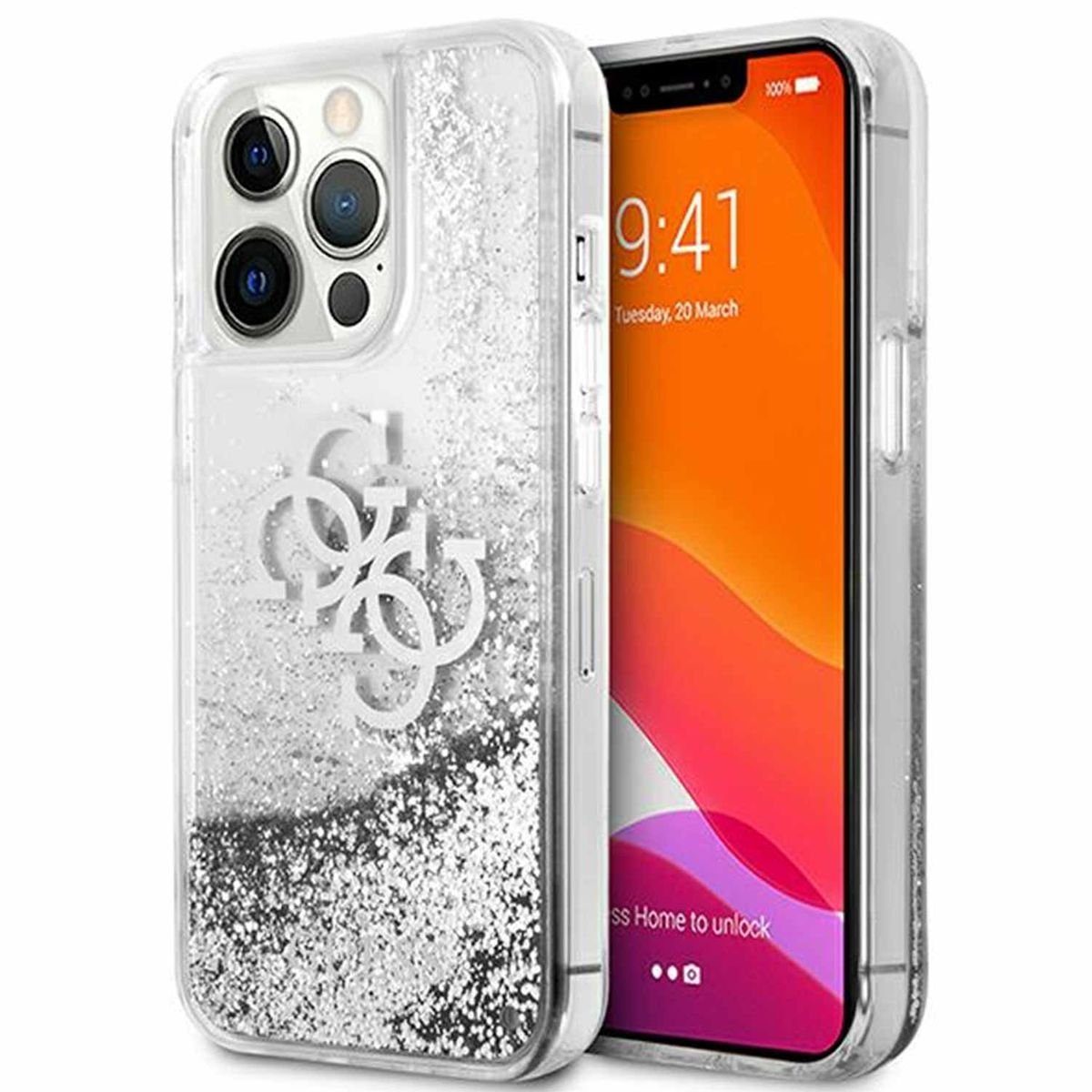 Guess Handyhülle Guess Liquid Glitter Silikon Case für Apple iPhone 13 Pro  Max Flüssig Glitzer Transparent / Silber Hülle