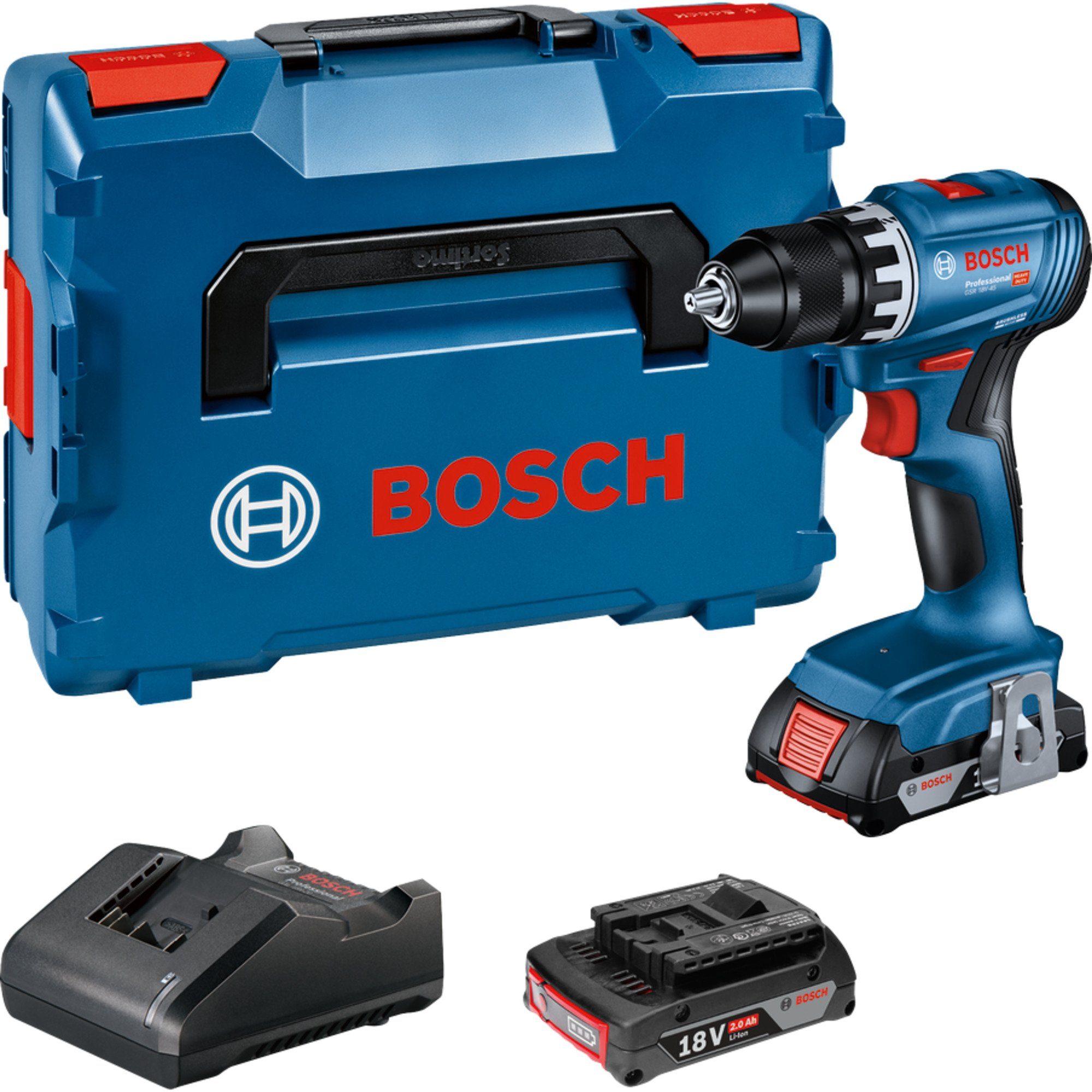 Bosch Professional Akku-Bohrschrauber Bosch Professional Akku-Bohrschrauber GSR 18V-45, 18 V V, (2x Li-Ionen Akku 2,0Ah, in L-BOXX)